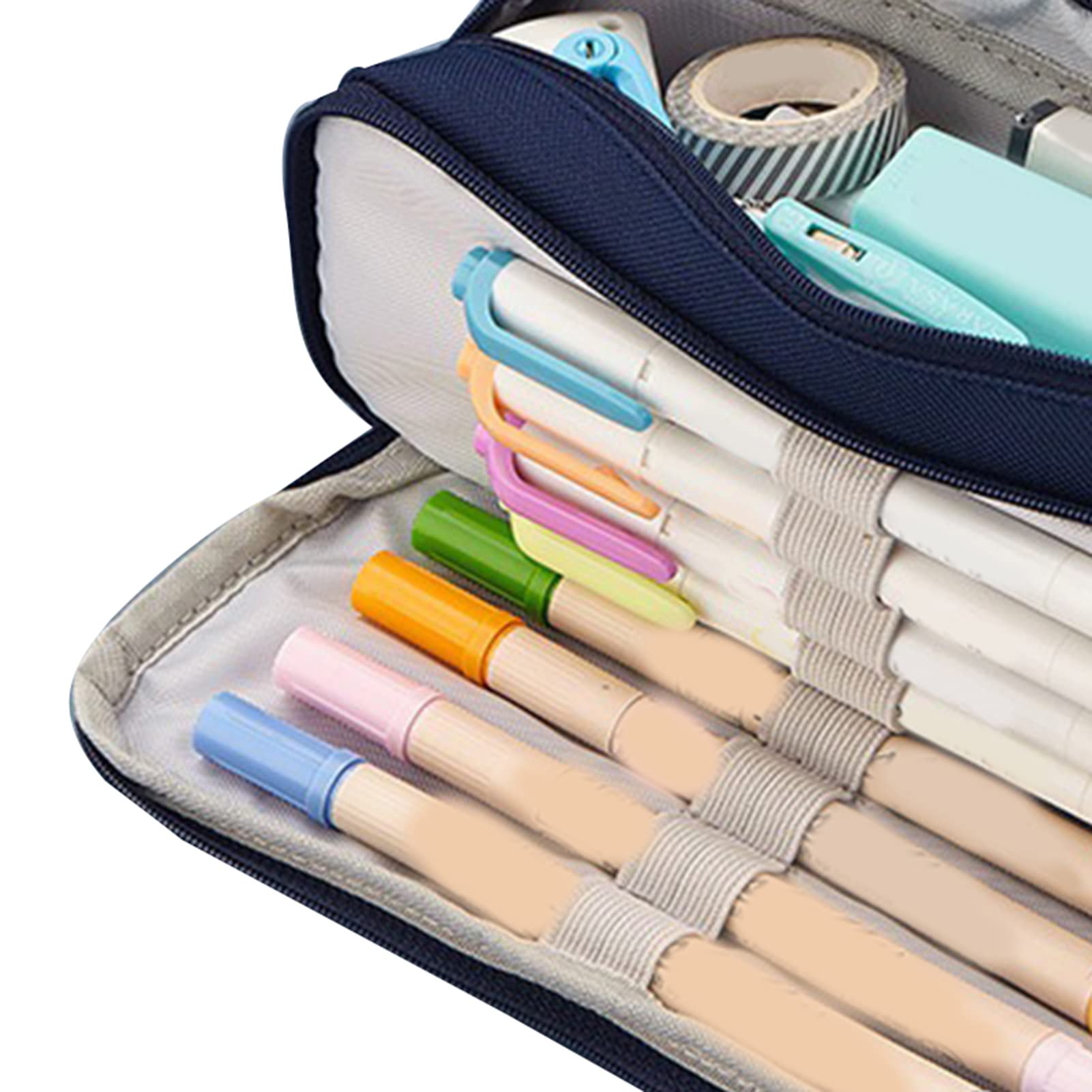 SIXRUN Astuccio per Matite di Grande capacità, Astuccio in Tela con Cerniera con 3 Scomparti, per Penne Portatile con Doppia Apertura 21,5 X 9 X 7 Cm per Studenti e Uso in Ufficio (blu navy)