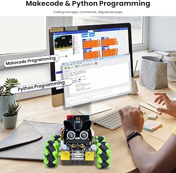 KEYESTUDIO 4WD Smart Car Coding Robot Kit مع Microbit V2 لـ Makecode وPython، DIY Building Robot Kit لتعليم العلوم والتكنولوجيا والهندسة والرياضيات 15+، التحكم عن بعد/التطبيق بالأشعة تحت الحمراء
