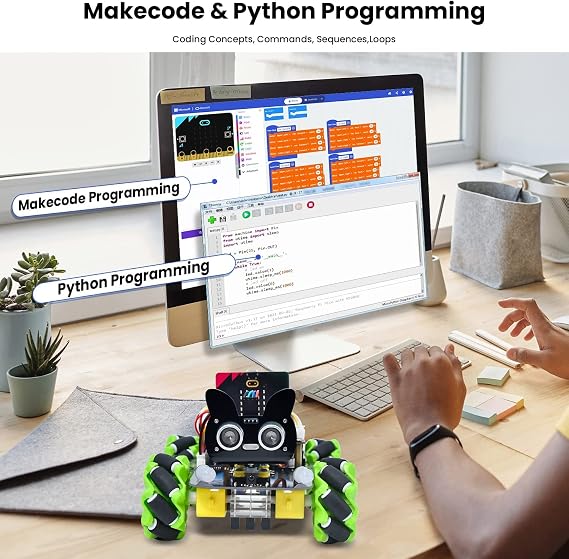 KEYESTUDIO 4WD Smart Car Coding Robot Kit مع Microbit V2 لـ Makecode وPython، DIY Building Robot Kit لتعليم العلوم والتكنولوجيا والهندسة والرياضيات 15+، التحكم عن بعد/التطبيق بالأشعة تحت الحمراء