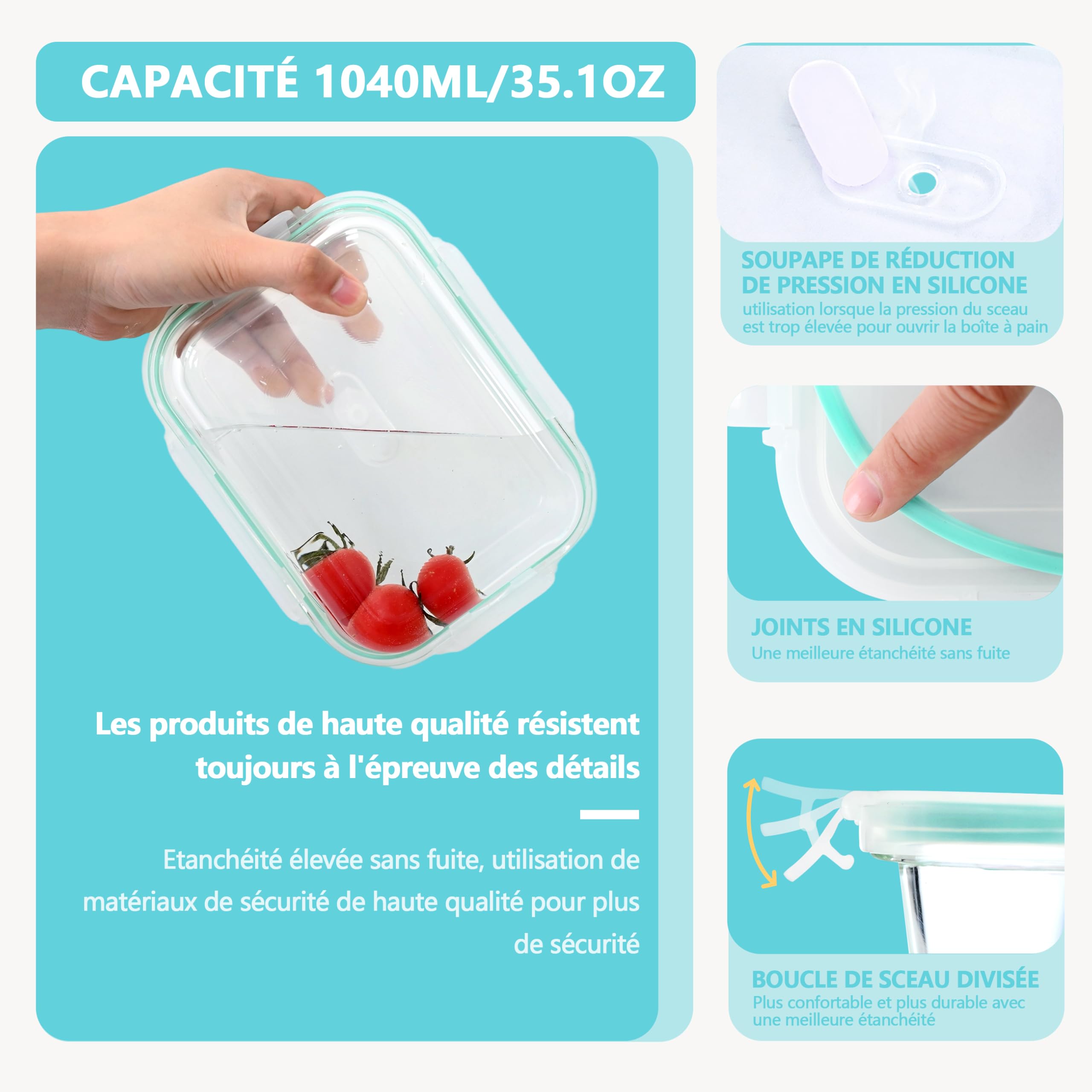 ERUIV Recipient en Verre,Boîtes Alimentaires Lot de 4x1040ML Anti-Odeur, sans BPA, pour Four, Micro-Ondes, Lave-Vaisselle, congélateurt