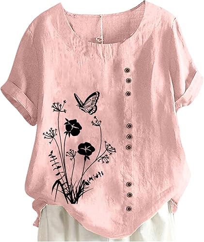 Camisetas de lino y algodón de talla grande para mujer, camisetas de manga corta con estampado floral, ajuste holgado, casual, con botones