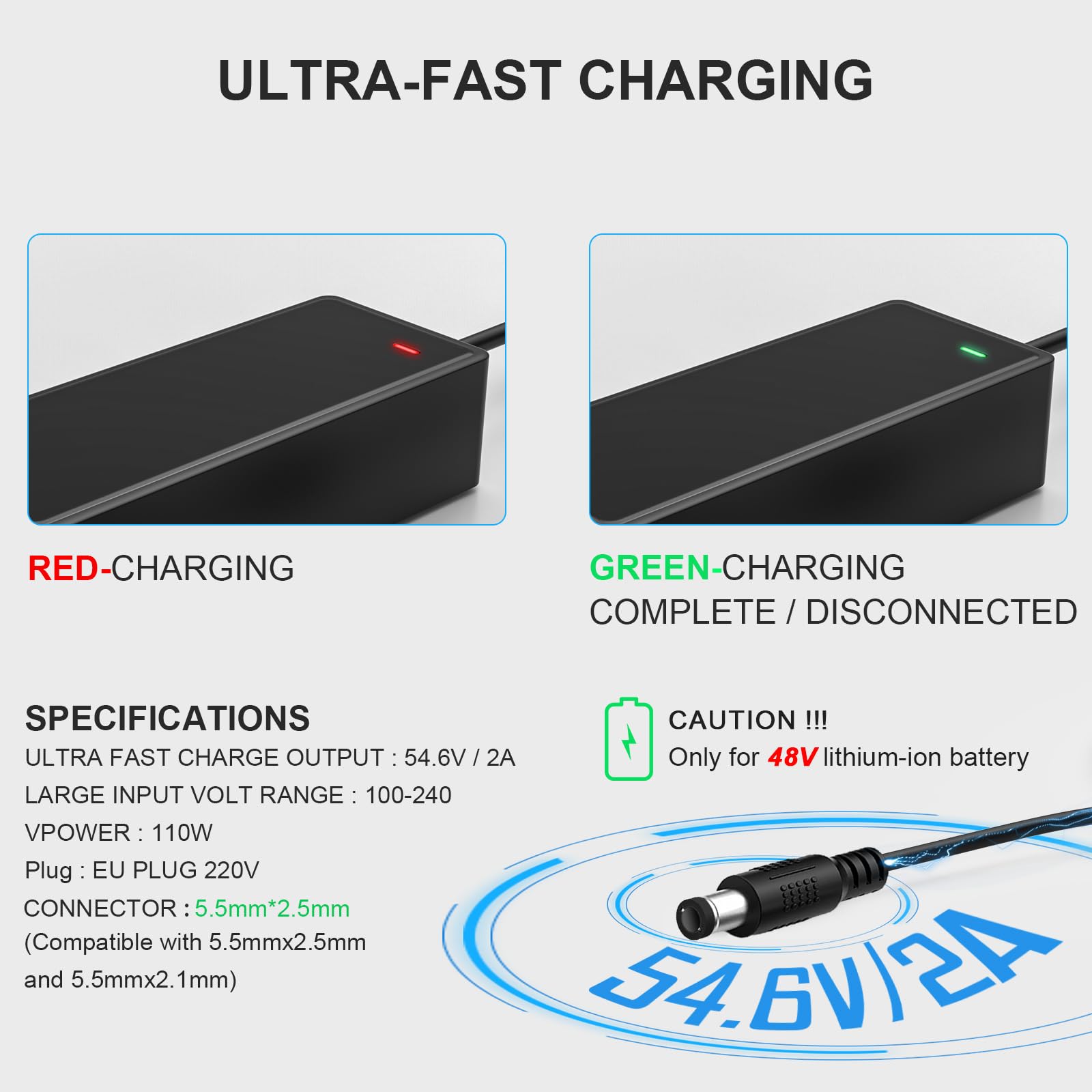 Mezelon Charger for Electric Scooter - 54.6V, 2A for 48V Li-on Battery, Compatible with E-Bike, Self-Balancing Scooter with DC 5.5mm x 2.5mm Plug