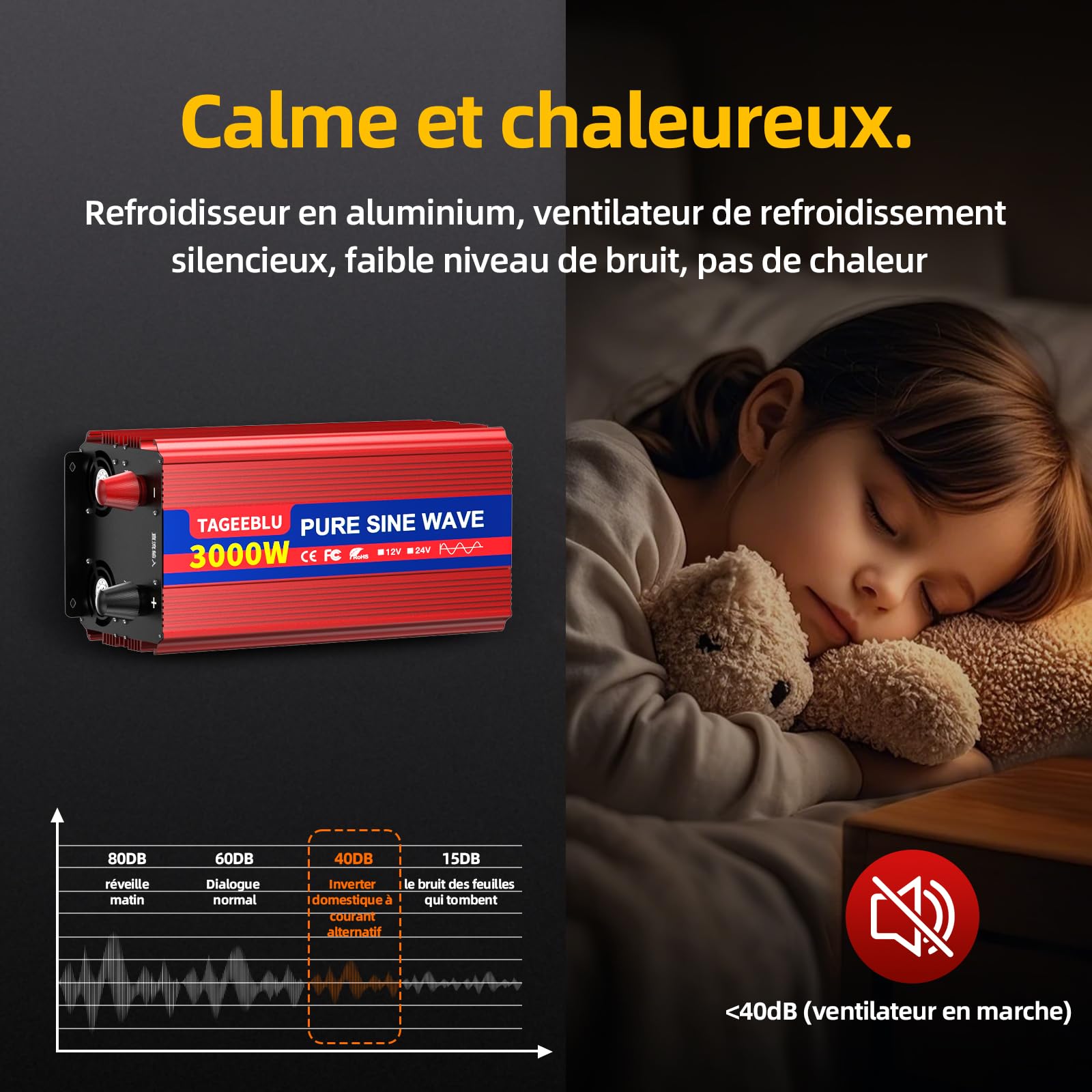 3000W convertisseur 12v 220v Pur Sinus, transformateur 12v 220v avec écran LCD, 2 Prises UE