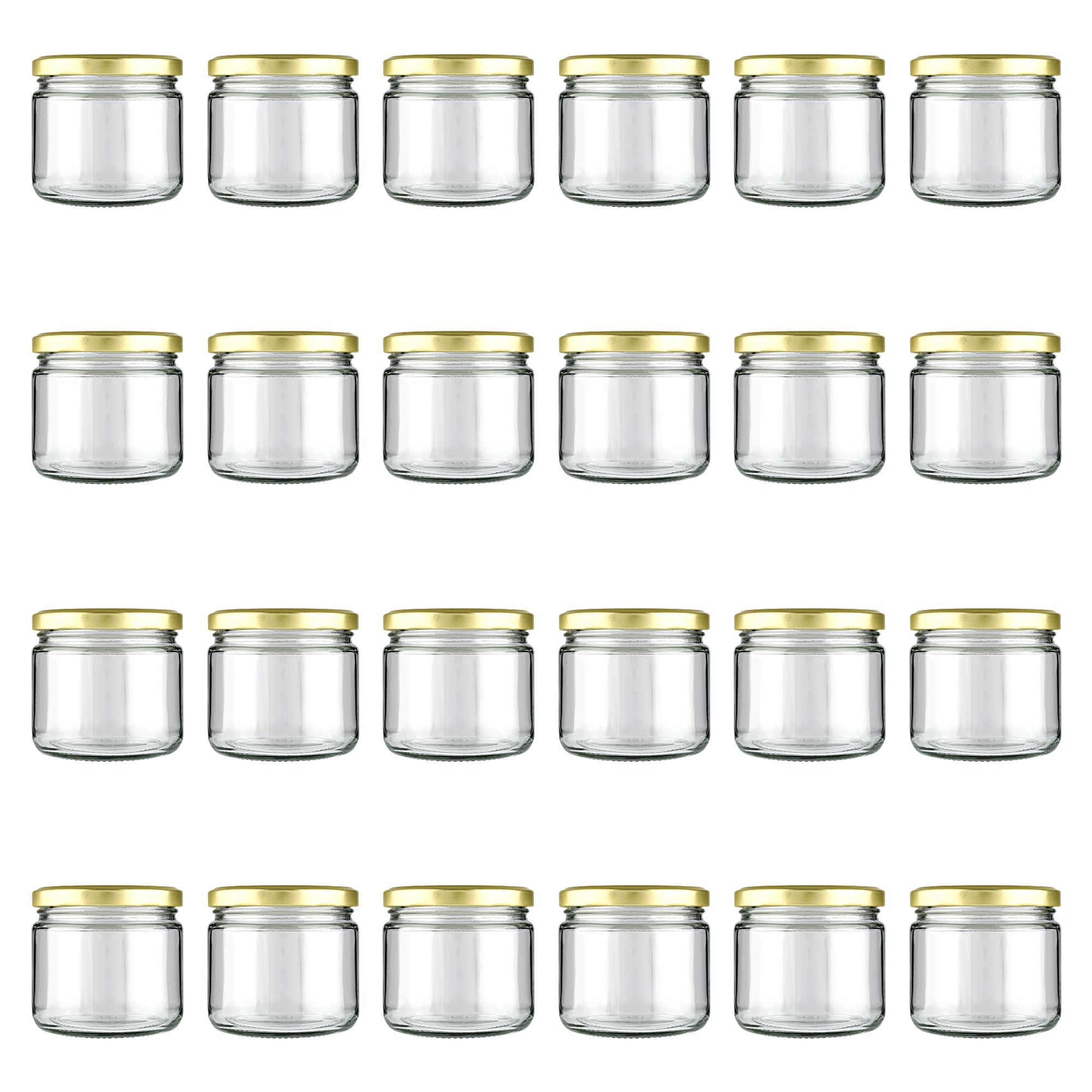 Shiva Organic 350Gm Salsa Glass Jar For Kitchen Storage | Food Grade Glass Container | Golden Metal Cap | Air Tight Lid | Clear Transparent Jar (Pack Of 24) - 350 Ml
