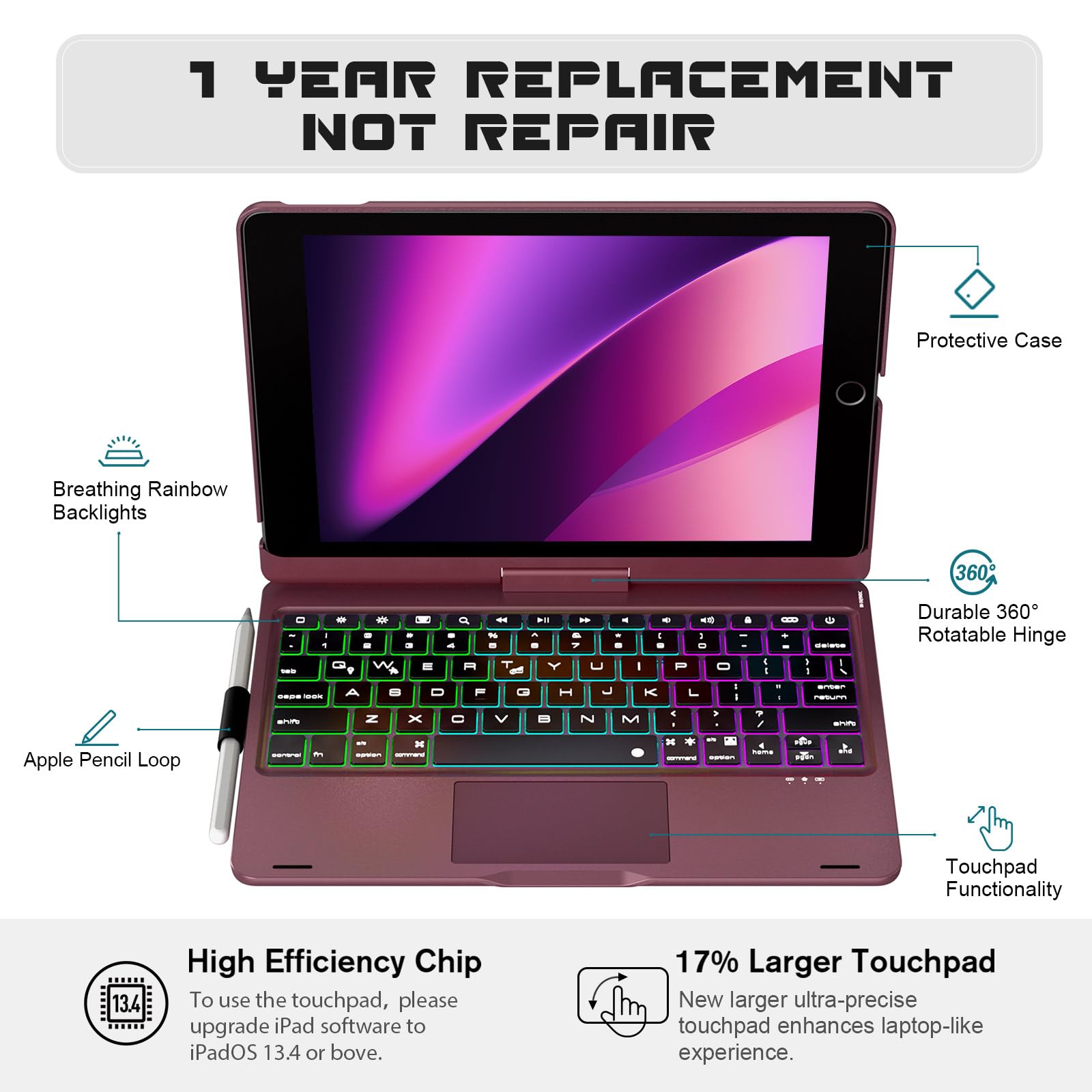 BABG iPad 9th Generation Case with Keyboard,360° Rotatable,Touchpad,Backlit Keyboard with Pencil Holder for 10.2 inch iPad 9th Gen 2021/ 8th Gen 2020/7th Gen 2019 and iPad Air 3/Pro 10.5"-Rose Gold: 10.2/10.5 inch Raspberry