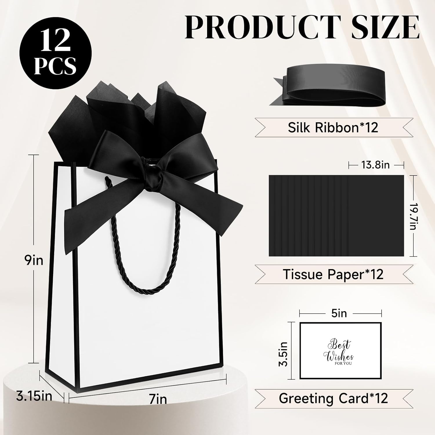 Ethhqu 12 Pack Small Black and White Gift Bags with Handles Include Tissue Papers & Cards, 9x7x3.15'' Thank You Gift Bags for Birthday, Baby Shower, Wedding, Bridesmaids, Anniversary - Image 2