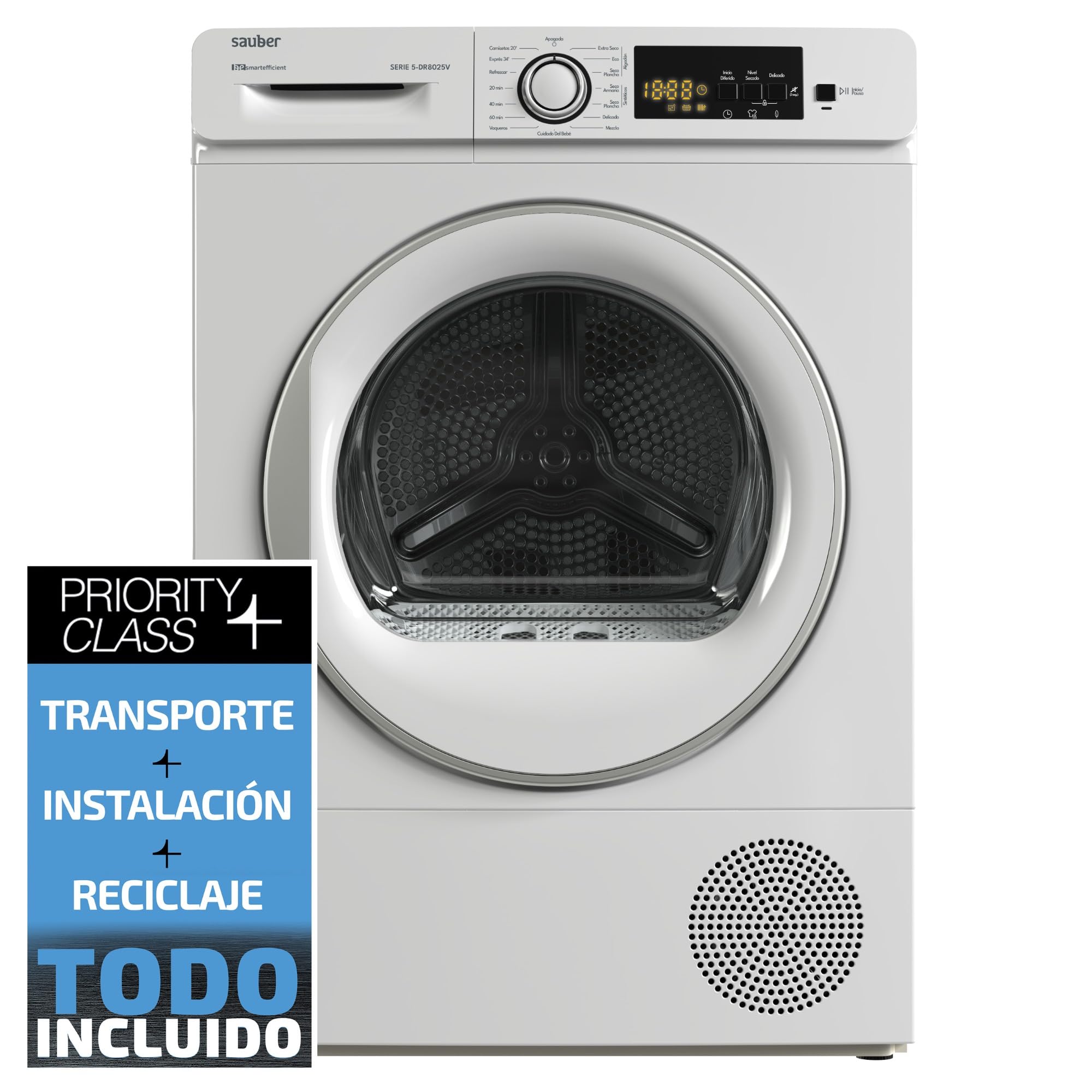 Sauber - Secadora BOMBA DE CALOR SERIE 5-DR8025V - 8 kg - E - 15 Programas - Iluminación del Tambor - Media Carga Avanzada - ENTREGA EN DOMICILIO CON INSTALACIÓN INCLUIDA