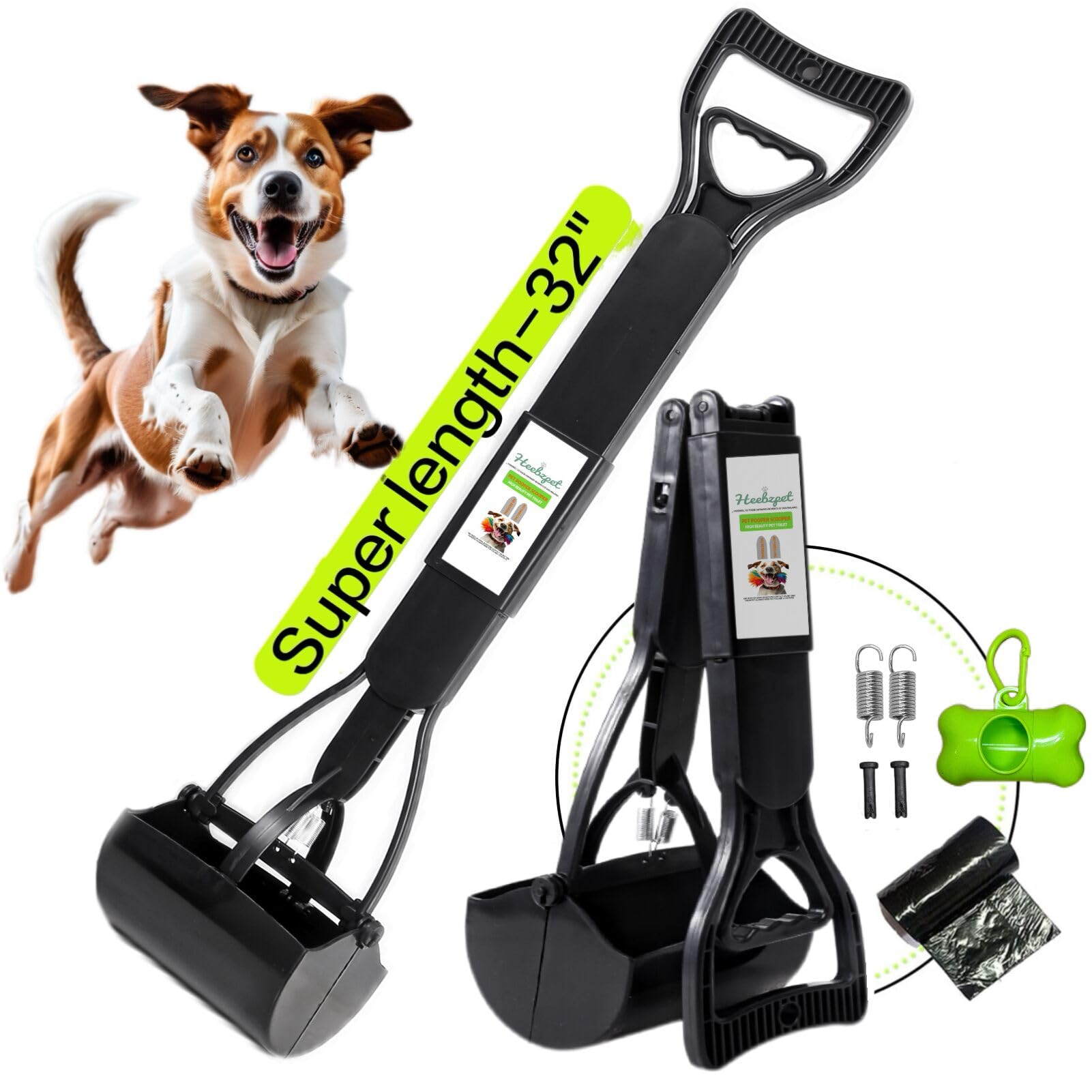 Pelle à déjections canines pour grands petits chiens et chats, portable à long manche de 81,3 cm, pelle à déjections canines pliable pour grands chiens avec sacs à déjections canines pour