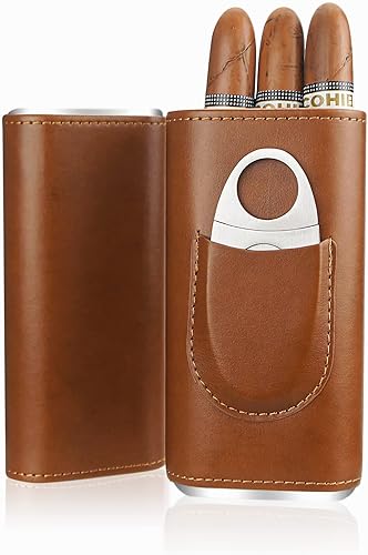 cgaplus Caso de cigarros de cuero de 3 dedos con cortador de madera de cedro forrado humidor de cigarros portátil de viaje (marrón)