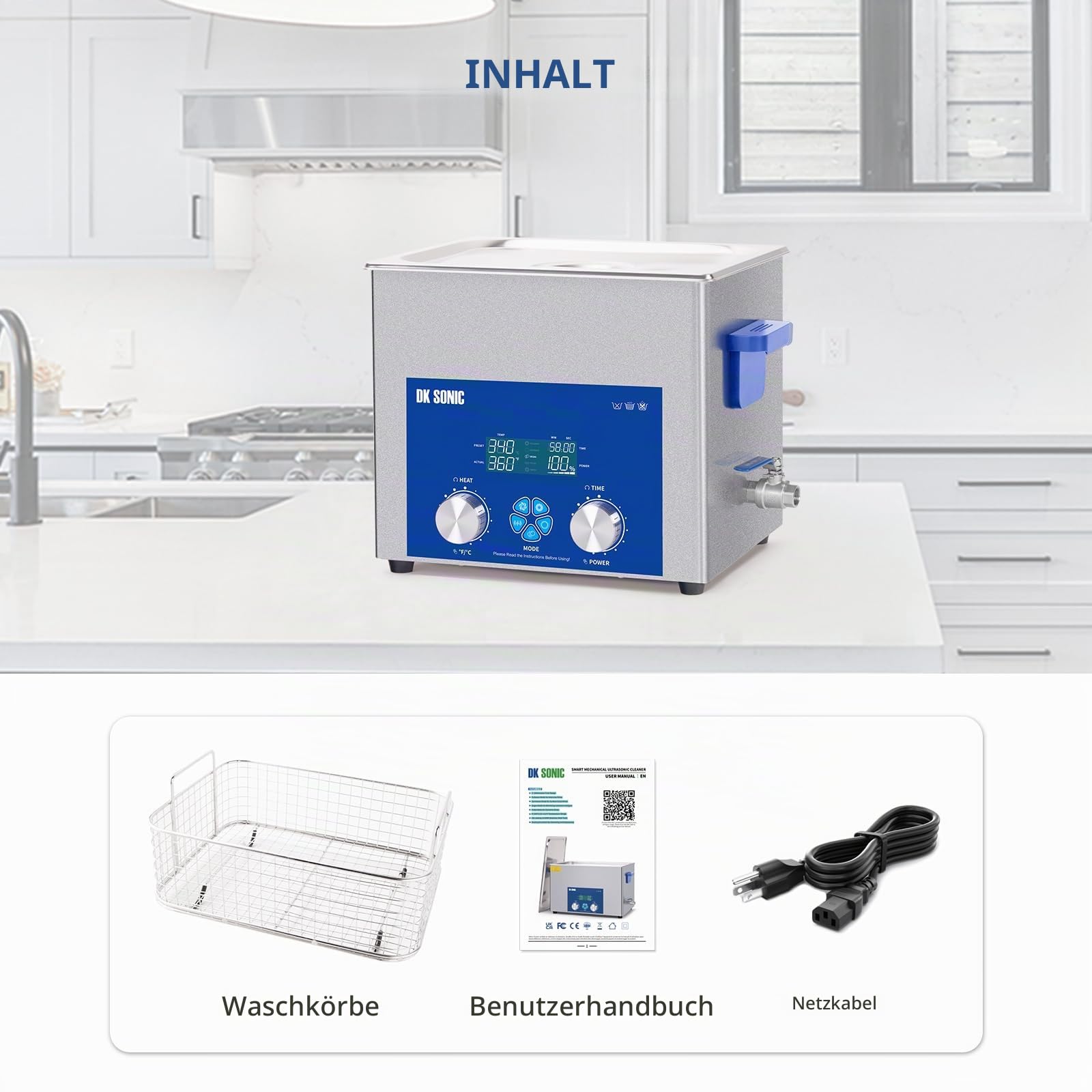 DK SONIC Ultraschallreiniger 10L,240W Kommerzieller Ultraschallreinigungsgerät mit Intelligente mechanische Zeitschaltuhr, Heizung & Korb, Mehrere Funktionen für Vergaser, Motorradmotoren, Ketten