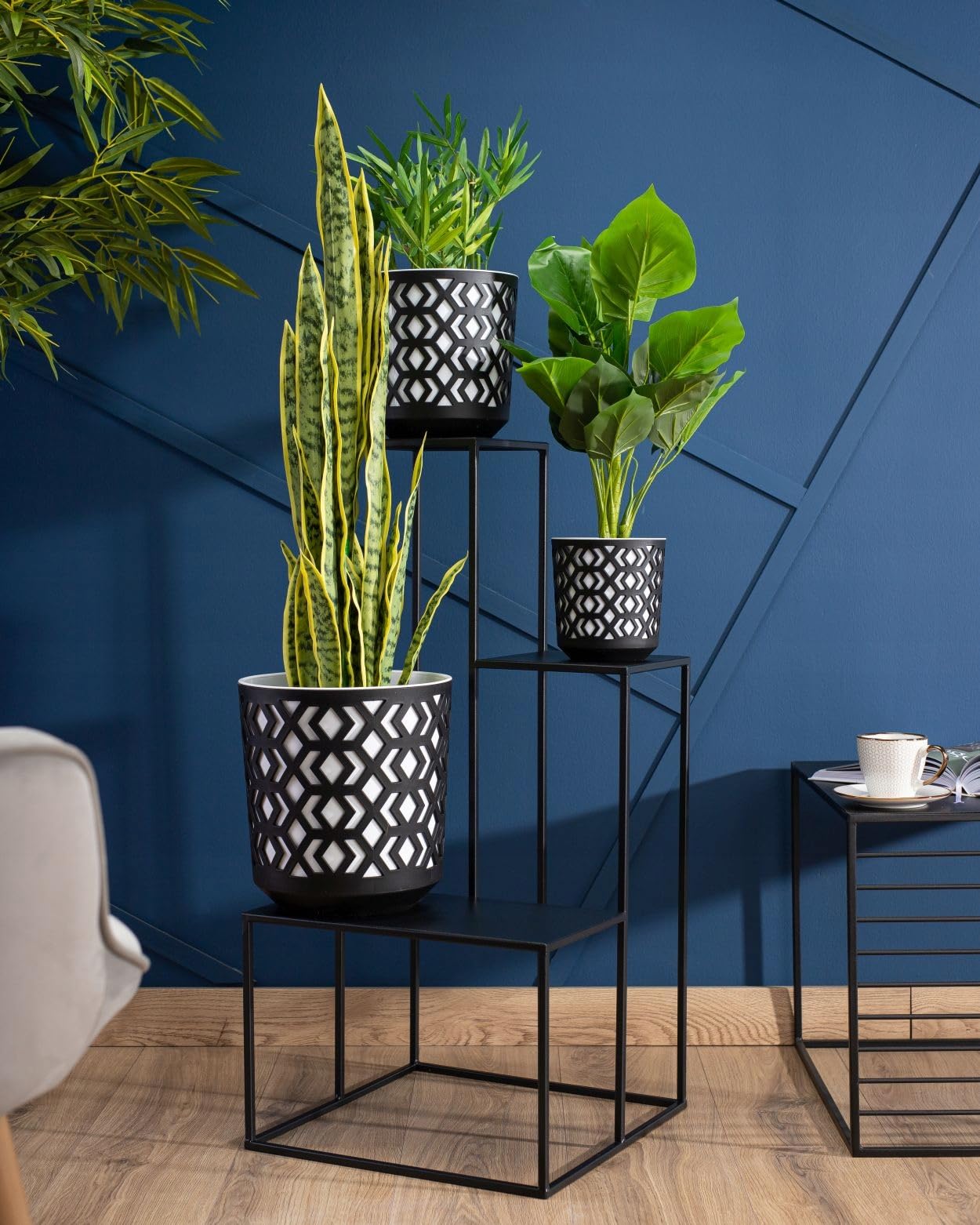 Supporto per fiori per 3 fiori, 85 cm, nero, in metallo, per piante, per piante e fiori, decorazione industriale