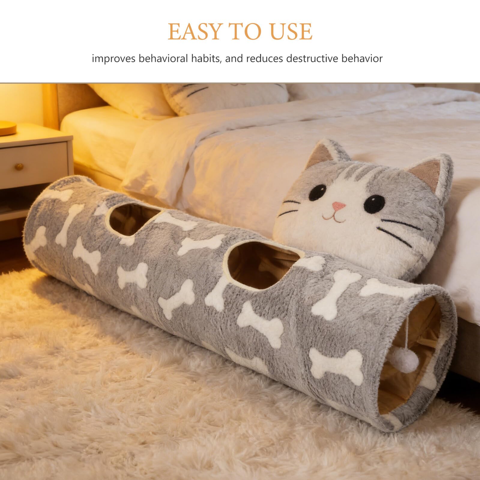 Tunnel pour Chat à 2 Trous avec Balle en Peluche Tunnel Droit Pliable en Tissu Résistant Interactif pour Chatons Intérieur Stimulant L'exploration Mouvement
