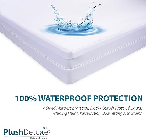 Miniatura 5 de Funda de colchón PlushDeluxe Premium 100% impermeable, hipoalergénica, sin vinilo, superficie de algodón con bucles suave y transpirable. -
