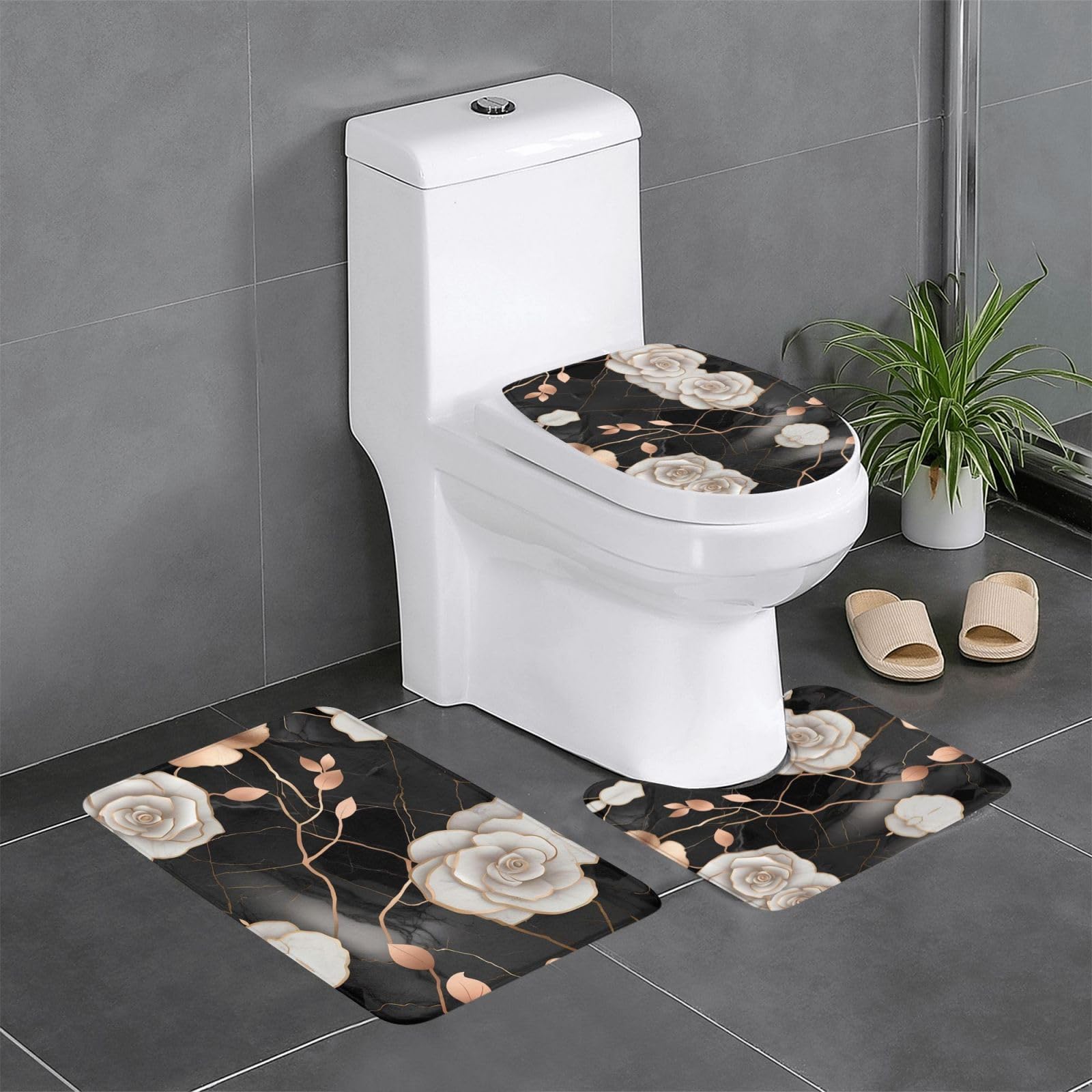 Tapis de salle de bain antidérapants et faciles à nettoyer motif marbre 3 pièces