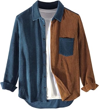 UANEO Mens Shacket Patchwork زر طويل الأكمام أسفل قمصان سروال قصير للرجال