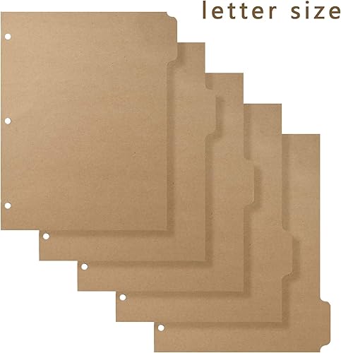 Miniatura 2 de Separadores de carpetas de 3 anillos con 5 pestañas para tamaño carta, corte de 15, 3 agujeros perforados, separadores de índice de papel kraft en