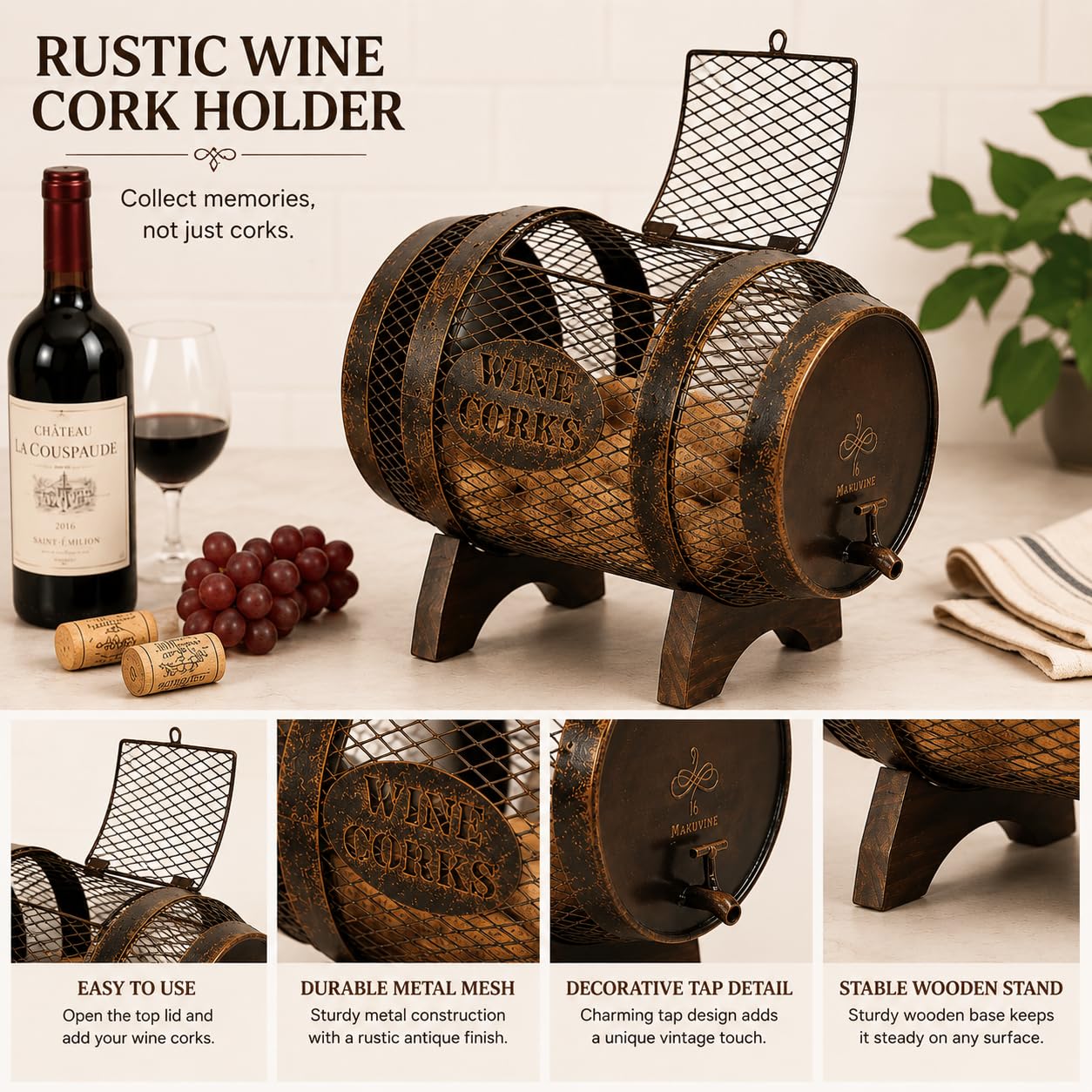 Soporte de metal rústico para corcho de vino en soporte de madera, contenedor para exhibición, decoración del hogar, regalos de inauguración de la casa, decoración de bar en casa, regalos de