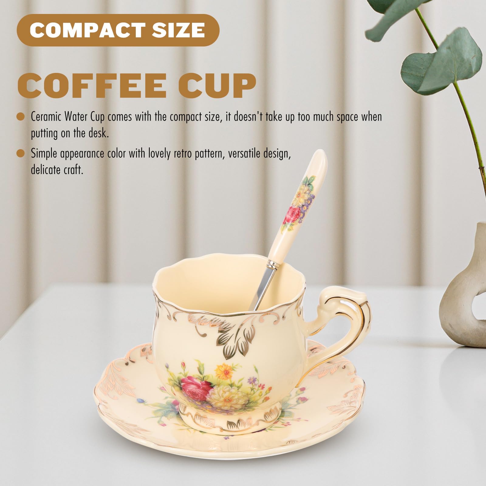 Ipetboom Juego de Taza de Té y Platillo de Cerámica y Acero Inoxidable de 250ml, Diseño Retro y Práctico para Festival y Conmemoración Festiva