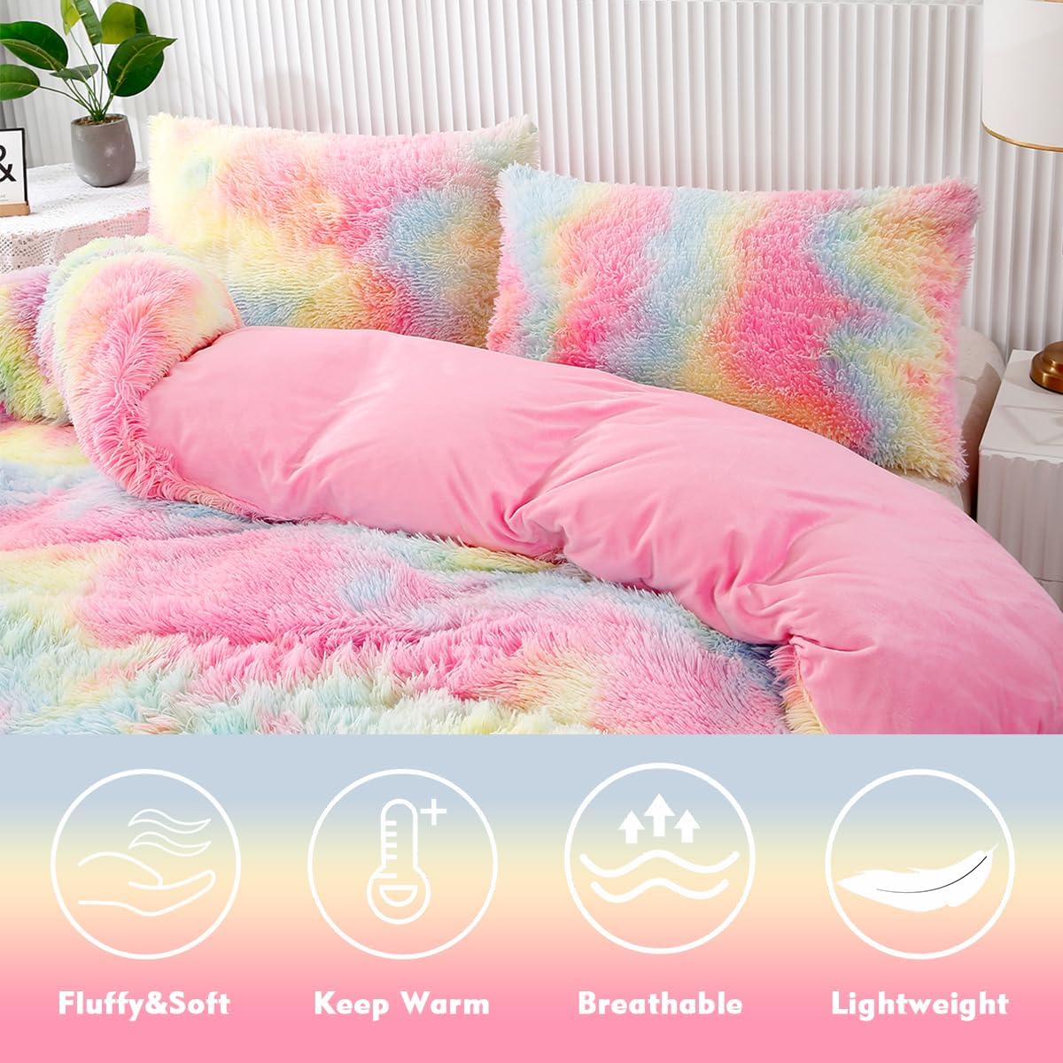 PERFEMET Pink Faux Fur Fluffy Comforter Twin 3-Piece Colorful Rainbow Plush Shaggy Bedding Sets for Girls Tie Dye Fuzzy Furry Comforter Set(Pink, Twin) - Image 3