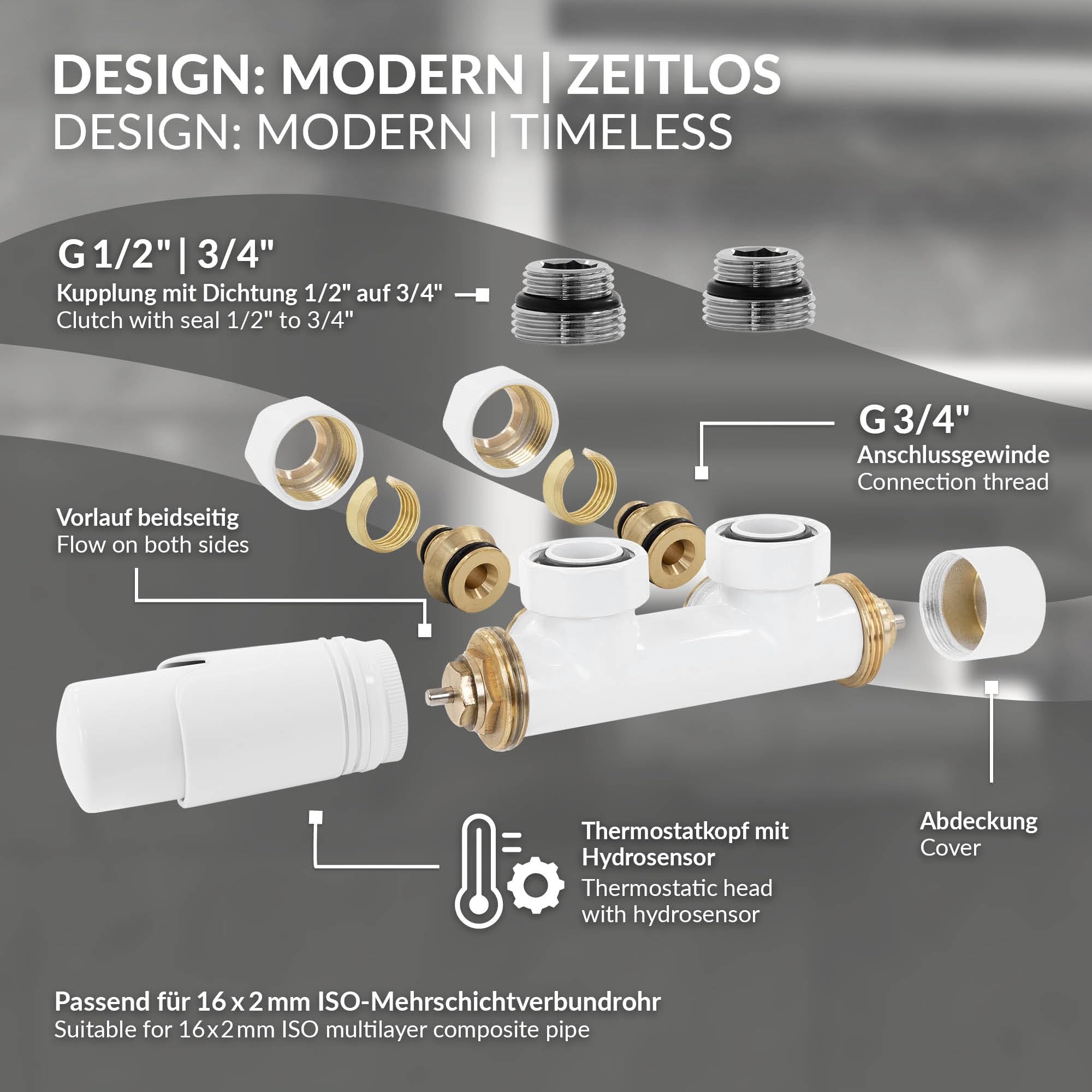 ECD Germany Valvola Termostatica Radiatore Set di Collegamento Termostato per Termosifoni e Scaldasalviette 50mm Bianco Collegamento Centrale a Muro Testa Termostatica Rubinetto Valvola per Radiatori