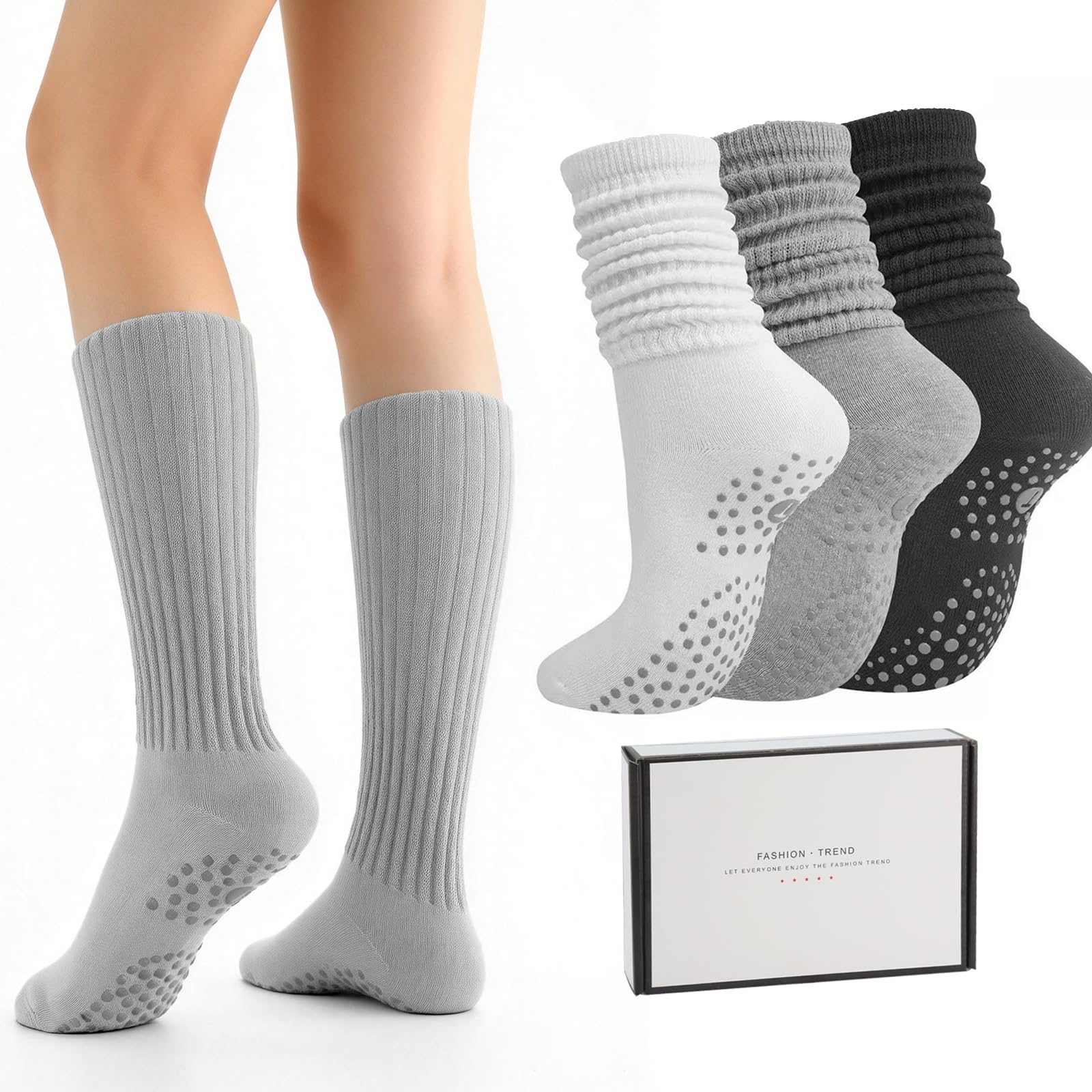 3 pares de calcetines de yoga antideslizantes para mujer, calcetines deportivos de algodón, calcetines largos con agarres de silicona para pilates, yoga, baile, gimnasio, fitness en casa