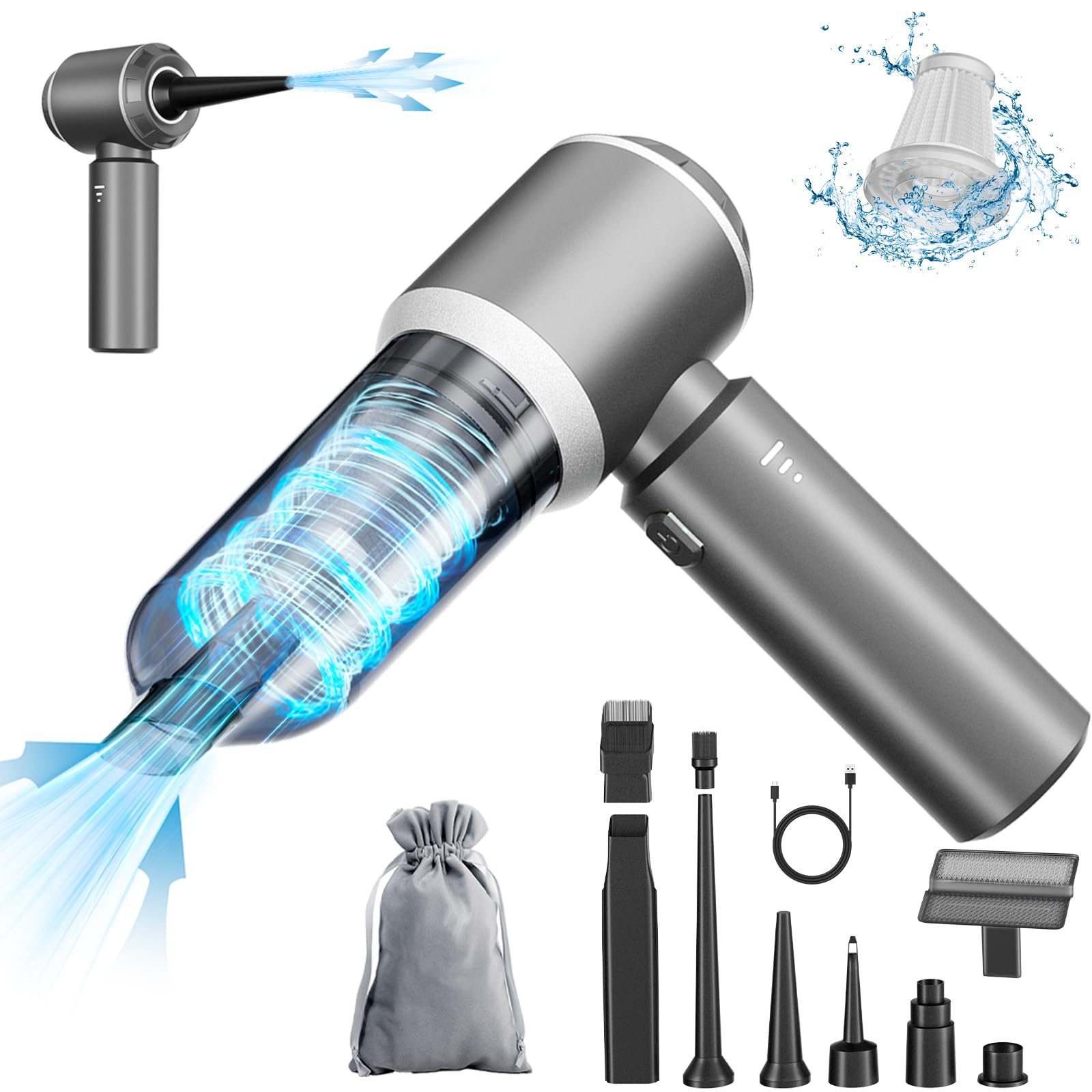 Compact Cordless Car Vacuum Cleaner with 20,000Pa Suction Power and Brushless Motor - Grey