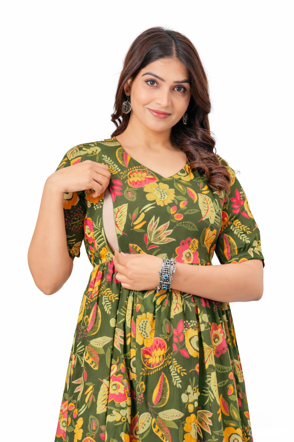 Women's Floral Printed Anarkali Maternity Feeding Gown Cotton Feeding Kurti Stylish&Trendy Maxi Dress - 3/4 Sleeve,Casual Ethnic Nursing for Easy of Movement-picture-11
