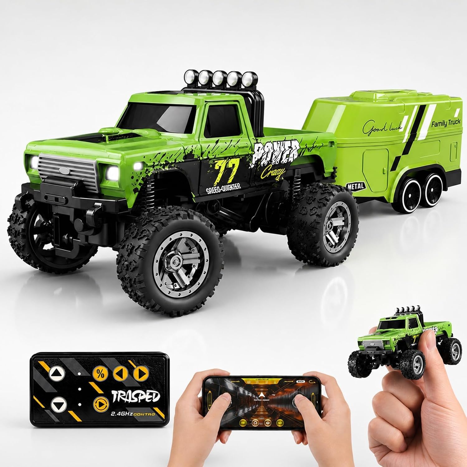 Mini RC Truck, 1/64 Scale, 2.4Ghz & APP Remote Control, Rechargeable Alloy Shell, 3-Speed Modes, LED Lights, Detachable Trailer, Green-image-27