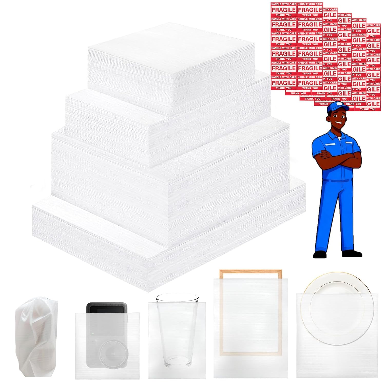 320 pcs Moving Packaging Supplies Set, 260 pcs Cushioning Foam Pouchs&Sheets, 4 Sizes (16"x12",12"x12" 12"x7.8",7.8"x7.8") With 60 Fragile Stickers,For Moving,Packaging,Storage