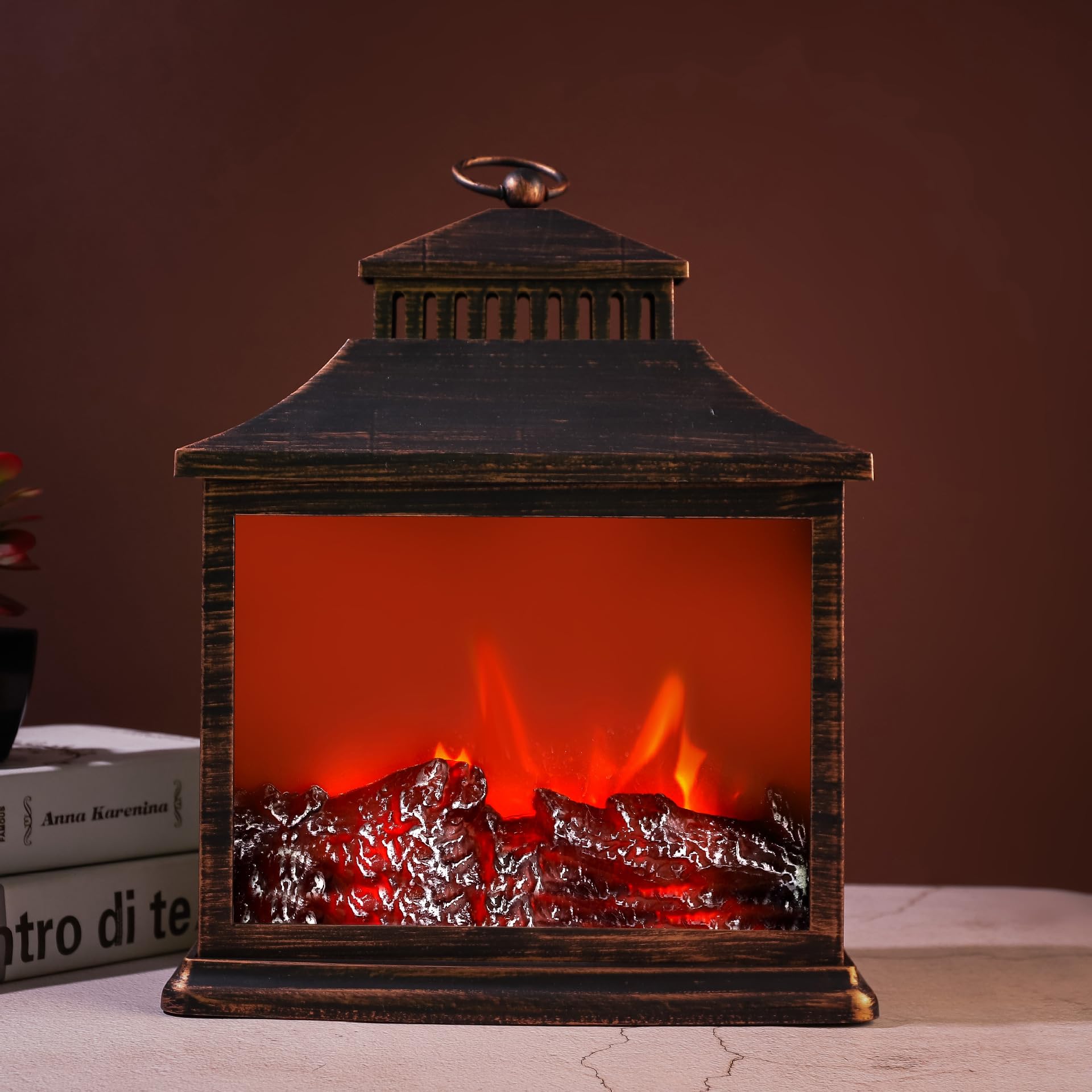Simulated LED Fireplace Lantern USB & Battery Powered Flameless Light With Emulation Flame Table Decorative Lamp Copper Fireplace Ornament for Cozy Home Decor Free Standing Electric Log Burner
