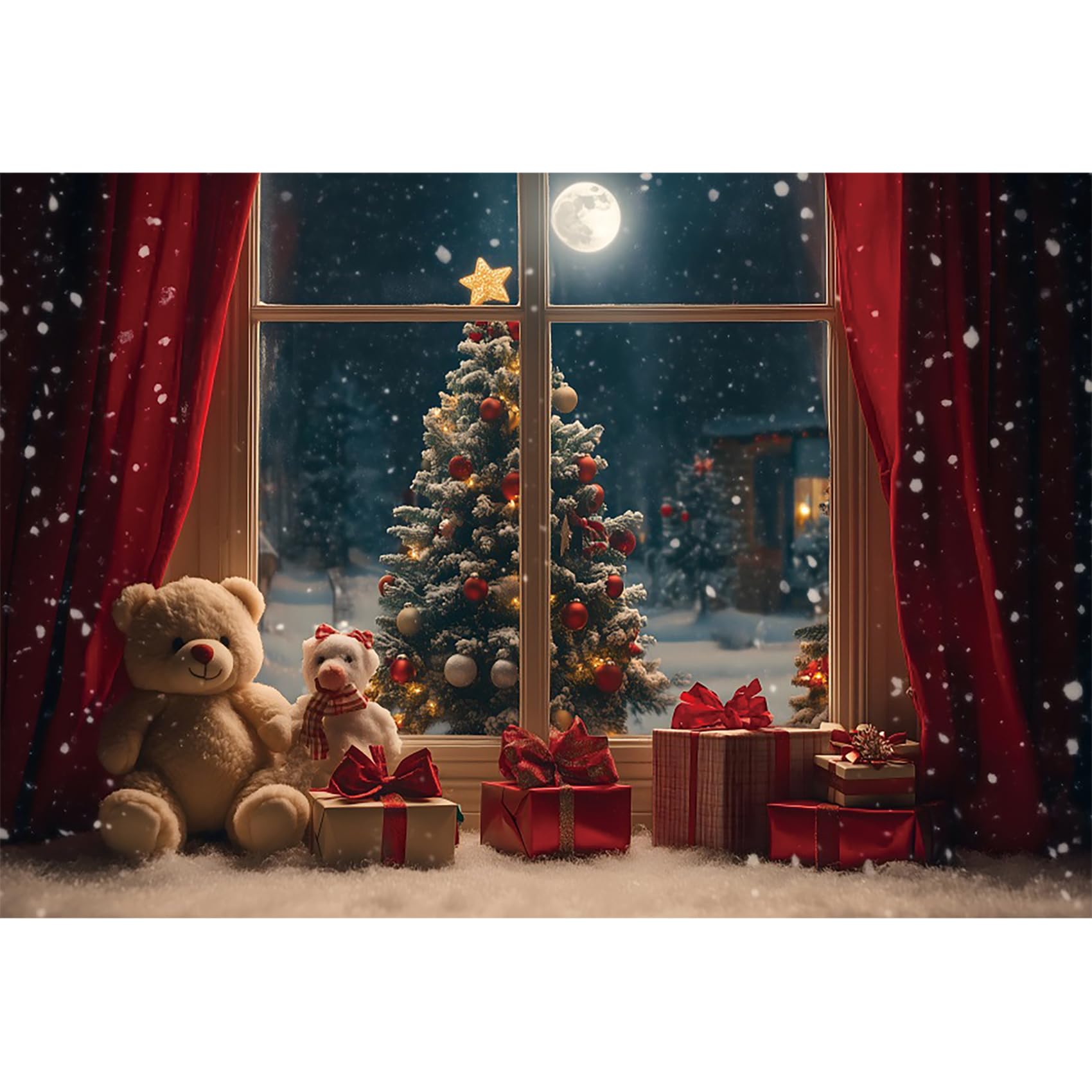 6x3m Sfondo fotografico natalizio Scena notturna invernale innevata Albero di Natale di lusso Sfondo fotografico Tenda rossa Orso carino Ritratto di Capodanno Studio Prop