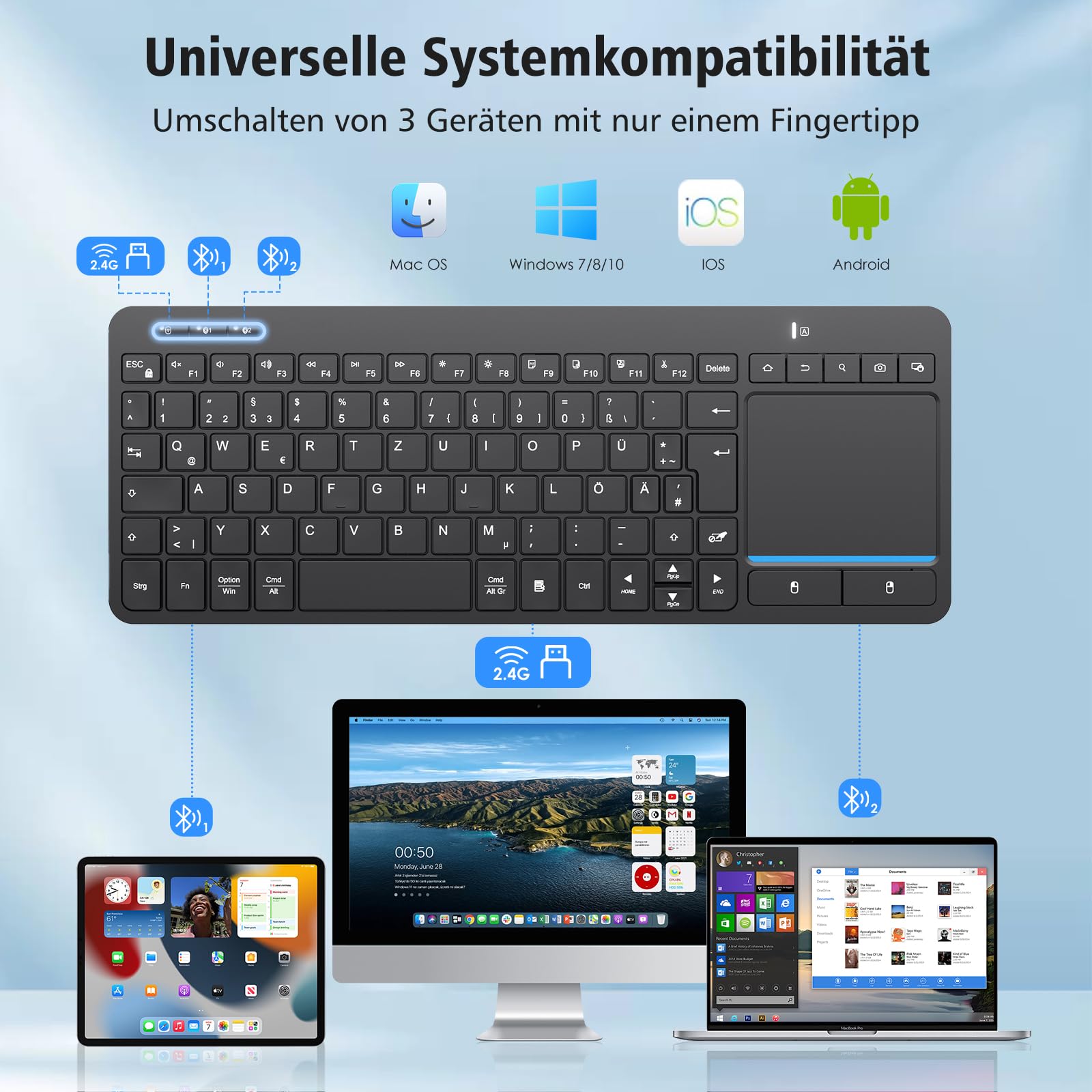 Teclado Bluetooth inalámbrico con panel táctil (Dual BT+USB 2.4G)