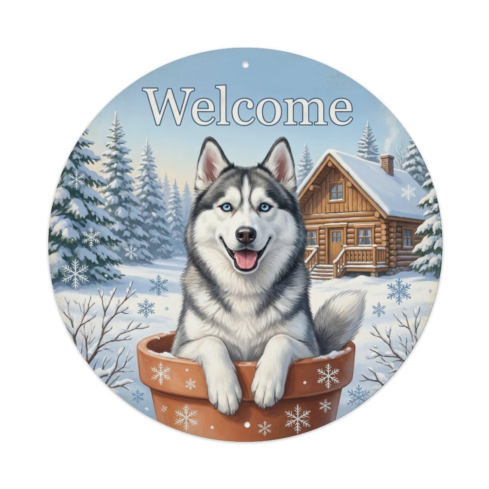 Welcome Husky Snowy Cabin Metal Tin Sign