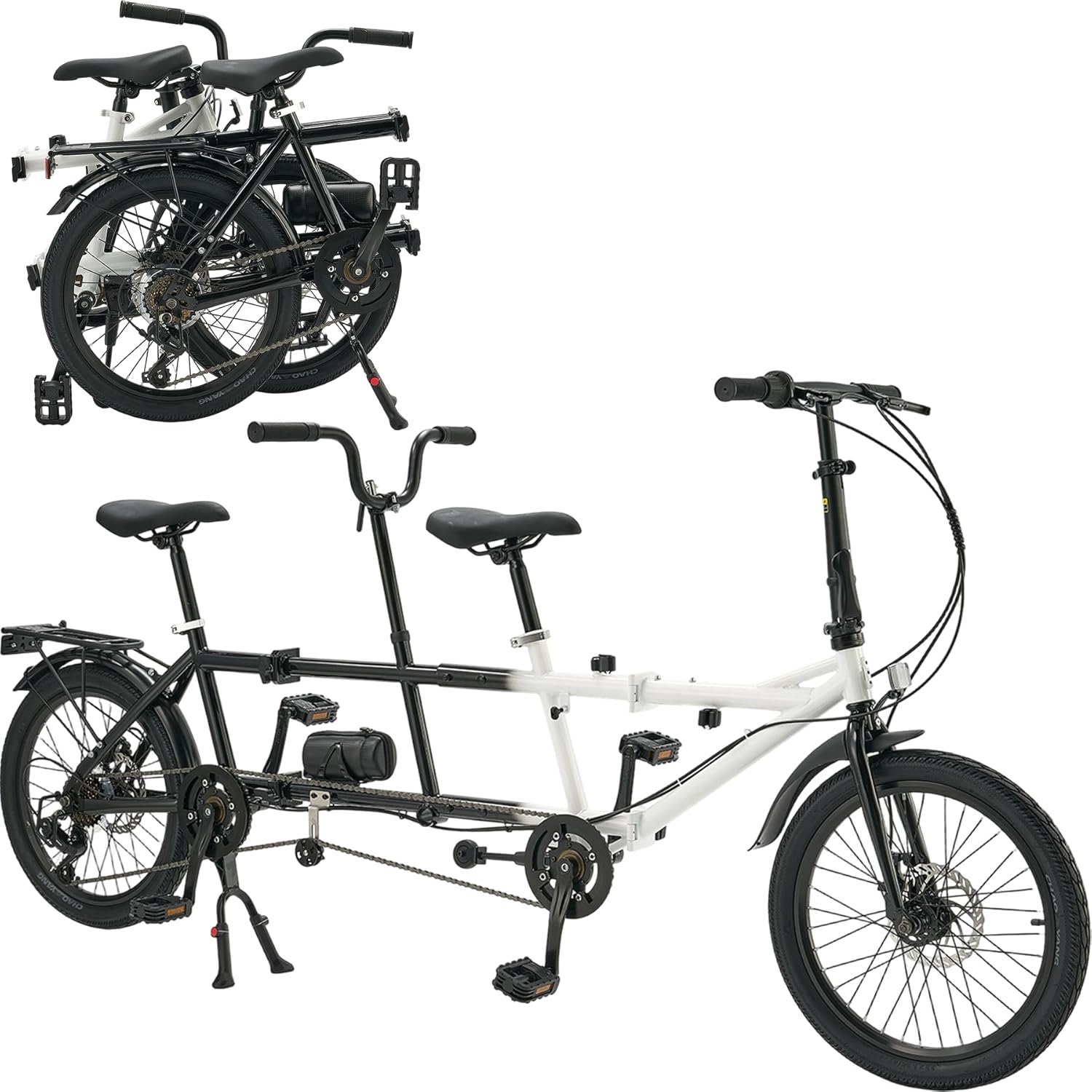 Foldable Tandem Bike for Couples & Friends - 20 Inch 7-Speed Adventure Bike with Dual Disc Brakes, Rear Rack - Perfect for Shared Leisure Rides and Commutes