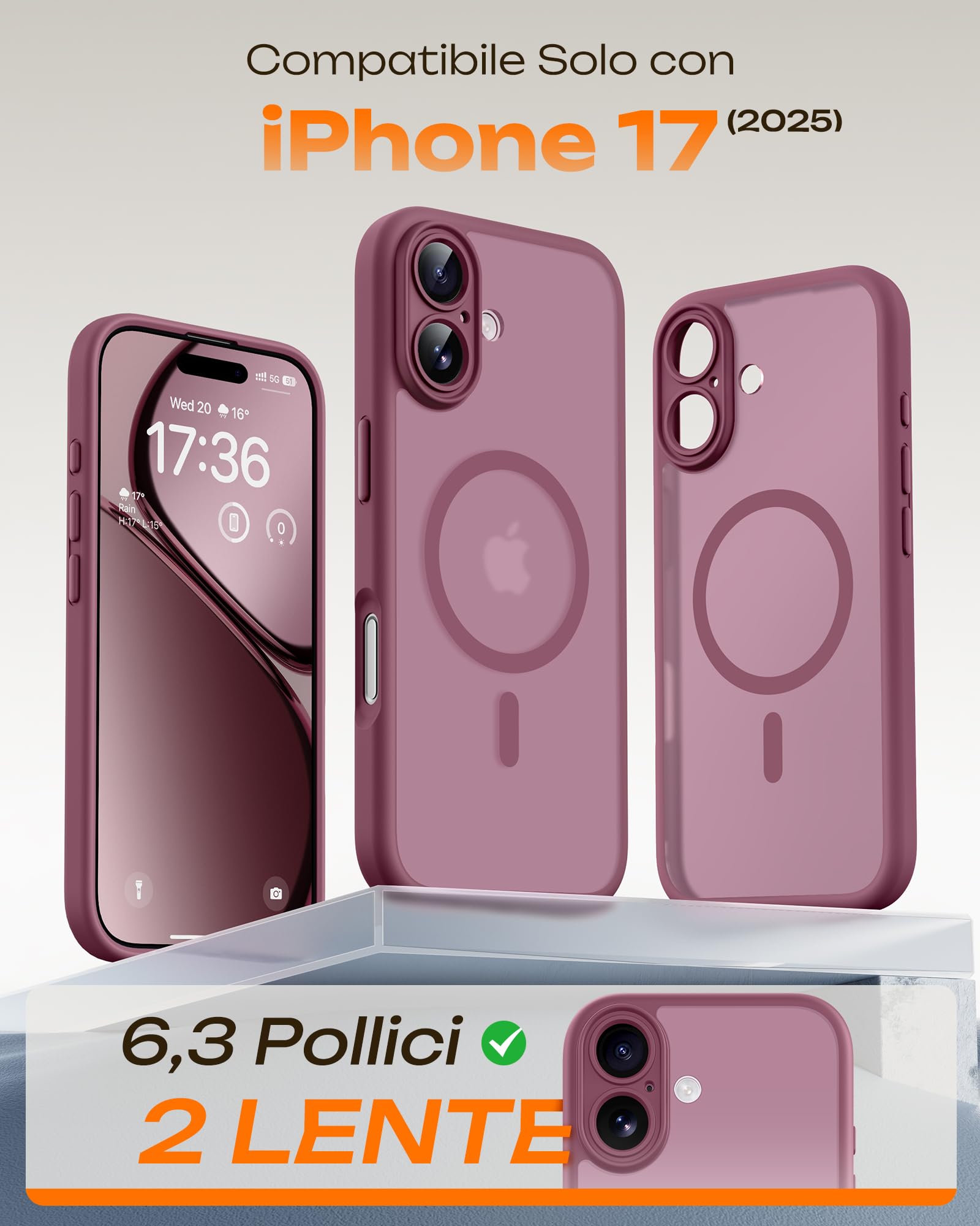 TOCOL Cover Magnetica per iPhone 17 6,3 Pollic, Compatibile con MagSafe, Anello Magnetico Incorporato, Protezione Fotocamera Integrata, Custodia Antiurto Traslucida Opaca, Prugna