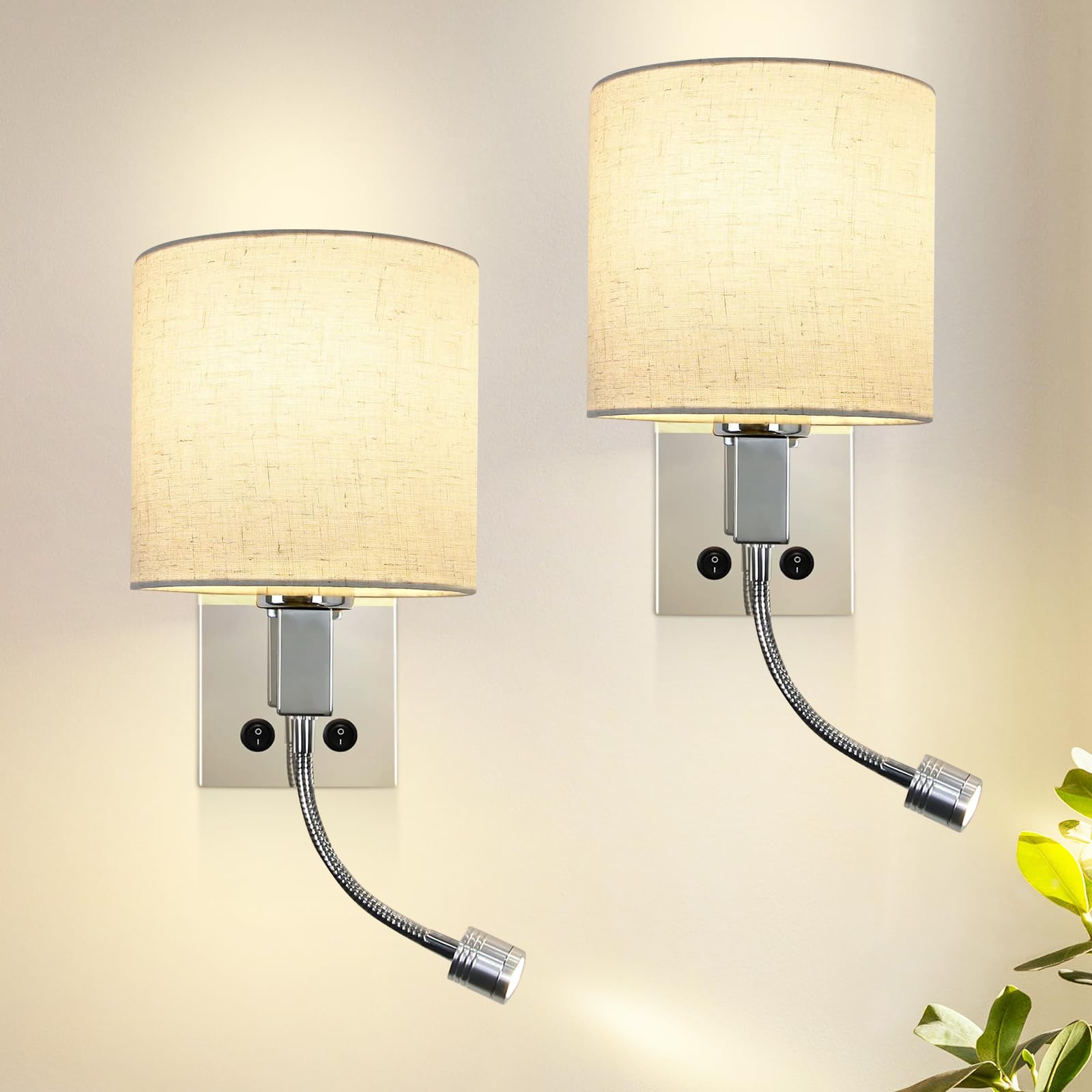 ZMH Wandleuchte Schlafzimmer Wandlampe Innen - 2ER Wandstrahler LED Leselampe 360°Schwenkbar Rund Stoffschirm E27 Modern Design Wandbeleuchtung für Wohnzimmer Flur Bett