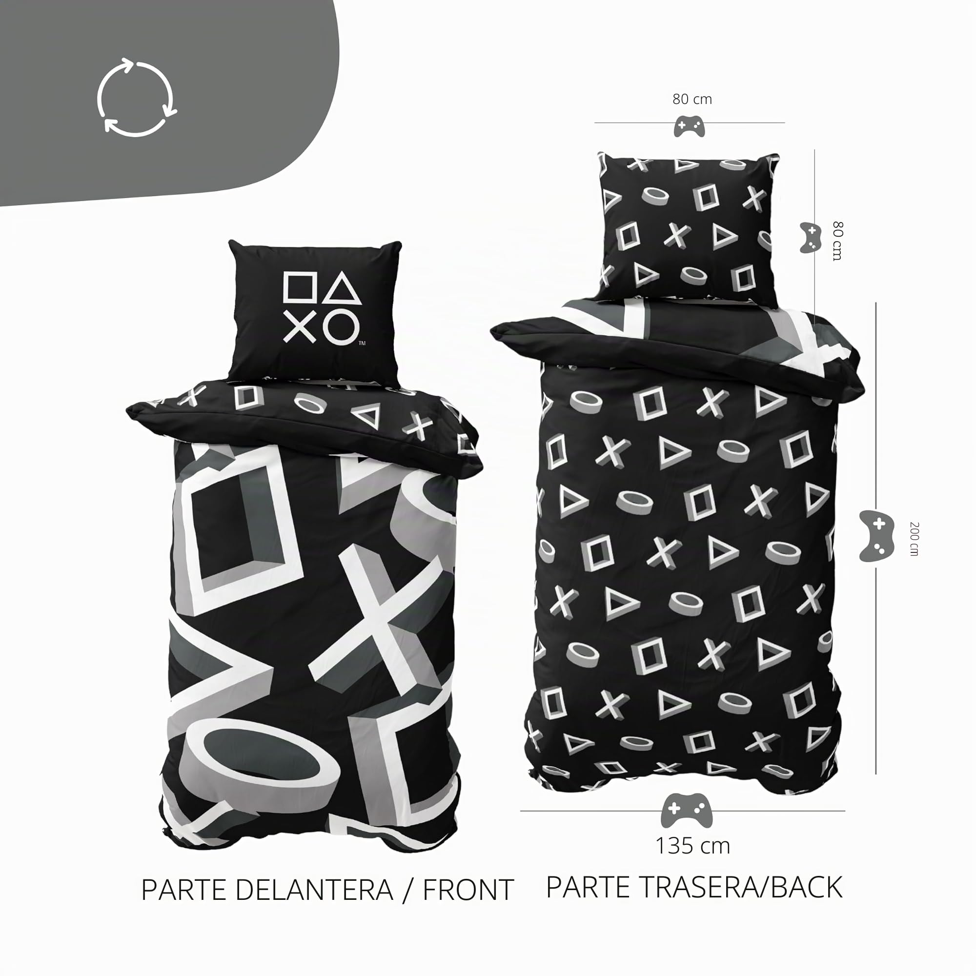 Juego de ropa de cama Playstation 135x200 - Idea de regalo para adolescentes amantes de los videojuegos, 1x funda de almohada 80x80 + funda de edredón 135x200, con cremallera - Motivo reversible