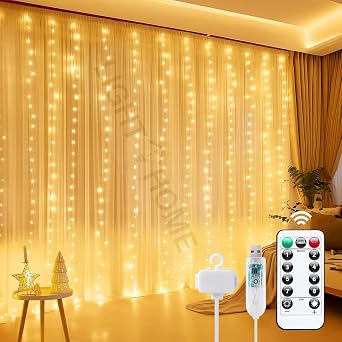 300 LED Perde I k Kumandal    Sar  G n , 3x3m USB Powered, 8 Farkl  I k Modu, Dekoratif Perde LED I k, Do um G n , K na, D n, Parti ve Etkinlik Ayd nlatmas  1, 300LED Warm White [Enerji S n f  A]