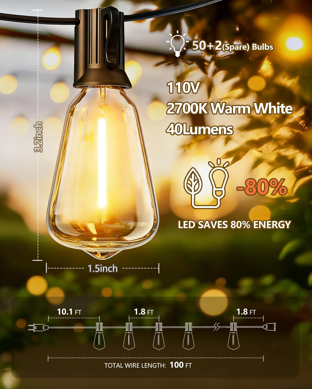 KGC Outdoor String Lights LED Patio Lights IPX5 Waterproof with ST38 Shatterproof Edison Bulbs, 2700K Connectable Outside Hanging Light for Porch, Garden, Backyard, Deck, Balcony, Decor (100FT)