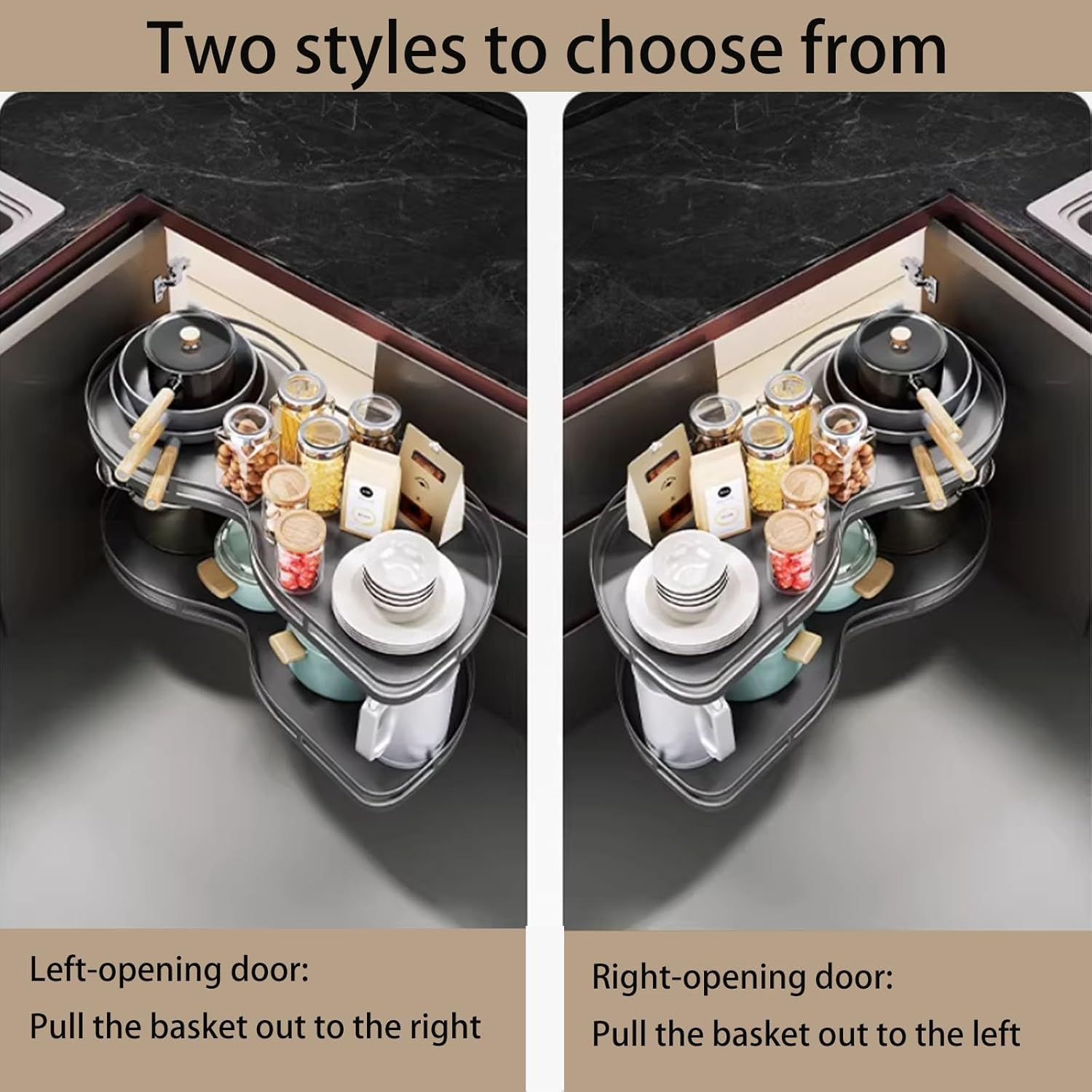 Blind Corner Pull-Out Organizer 12" 14" 16" 18" 2 Tier Kitchen Cabinet Organizer Left & Righ Swing Pull Out Cabinet Organizer Cabinet Lazy Susan For Corner Cabinet Blind Shelf(600 Left Swing)