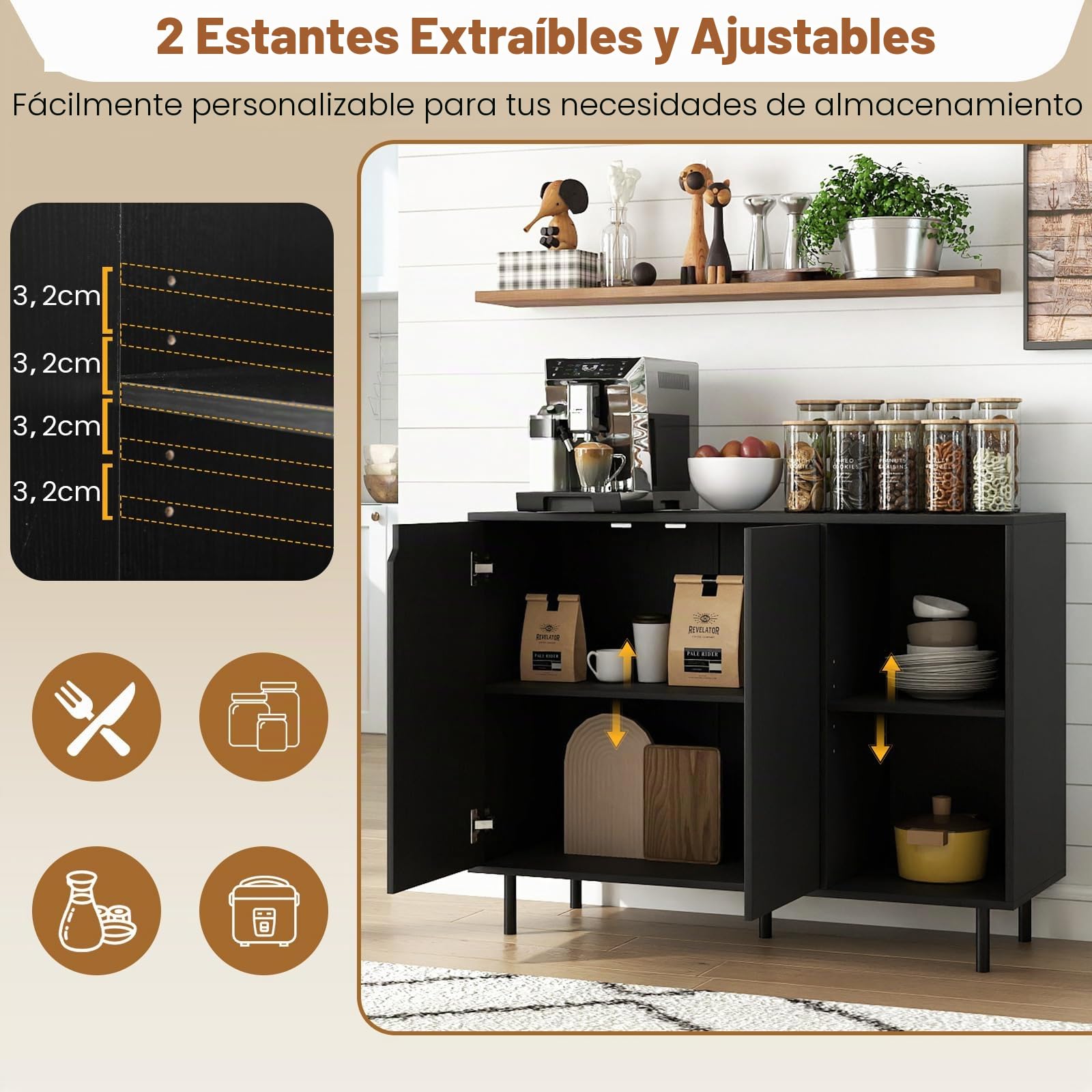 GIANTEX Aparador Buffet de Cocina con 2 Puertas, Armario con Estantes Ajustables y Patas Metálicas, 106 x 38 x 80 cm, con Kit Antivuelco, Mueble de Almacenamiento para Comedor, Salón (Negro)