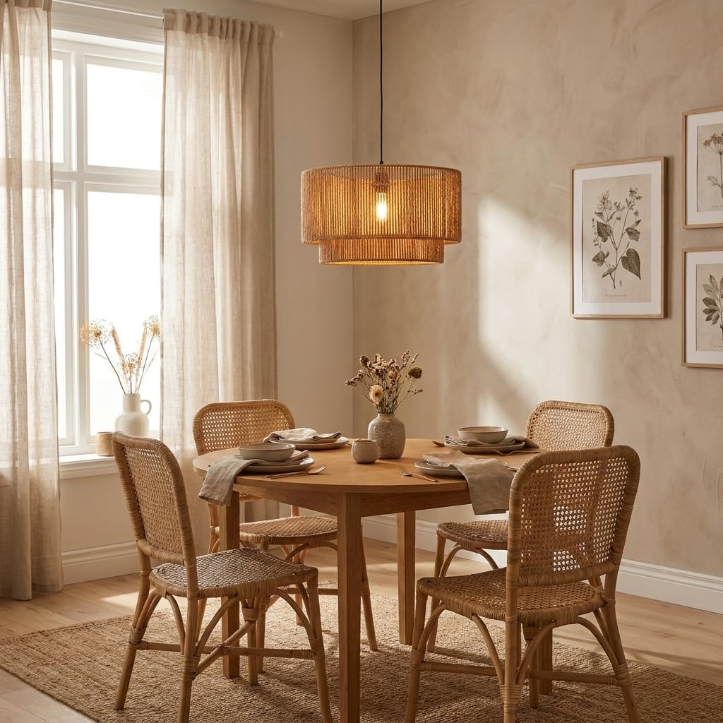 Alpinaluz Lampada a Sospensione Ø45 cm con Paralume in Carta Intrecciata a Mano e Struttura in Ferro Marrone Chiaro – Design Boho Vintage per Soggiorno, Sala da Pranzo e Camera da Letto Interni