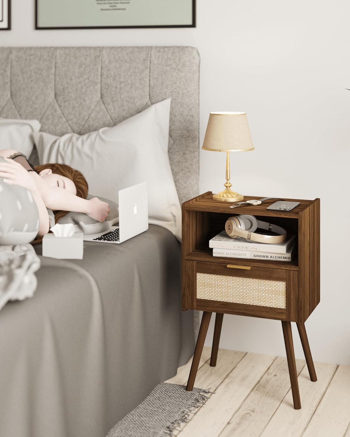 Nightstand,Modern Bedside Table with Storage Drawer and Open Wood Shelf, Accent Night Stand with Solid Wood Legs for Living Room, Bedroom and Small Spaces,Easy Assembly (Walnut Brown-Rattan) - Image 7