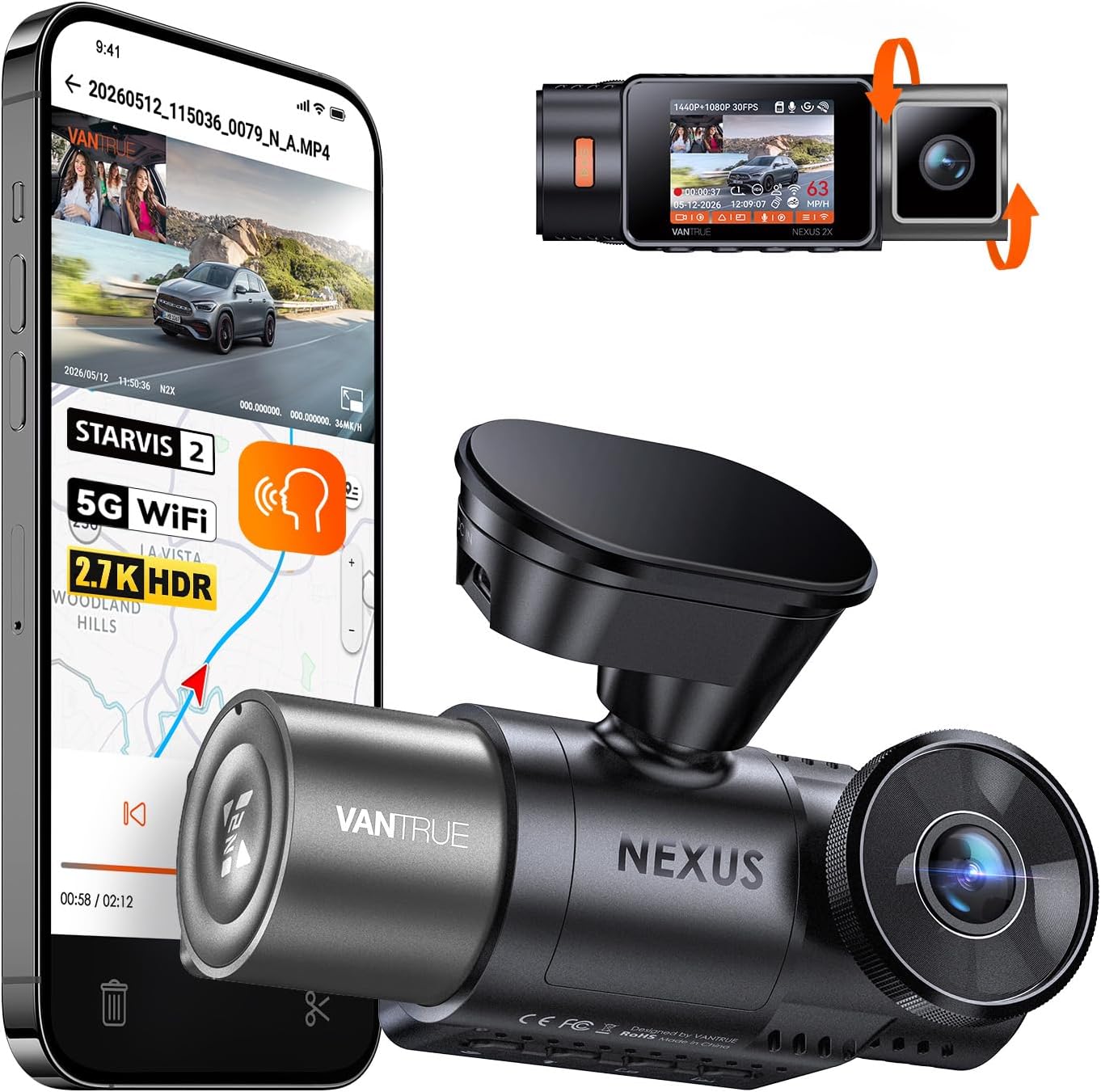 Vantrue N2X 2.7K Dash Cam Front and Inside, STARVIS 2 PlatePix Car Camera | IMX675 Sensor, HDR+IR Night Vision, F/1.8 Aperture, 5G WiFi & GPS, 60fps, App/Voice Control, G-Sensor, 24/7 Parking Mode