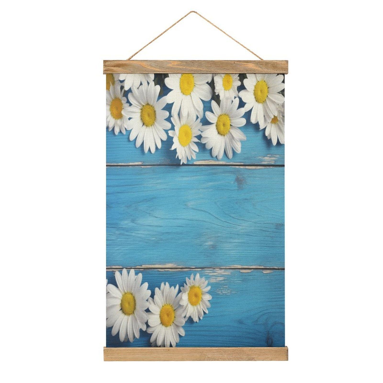 FekiLoot Daisy Flowers Blue Wooden Linen Hanging Painting Vintage Poster Hanger Frame Wall Decor Art Painting Printed on Linen Without Fading Living Room Office Bedroom Playroom Apartment Decor