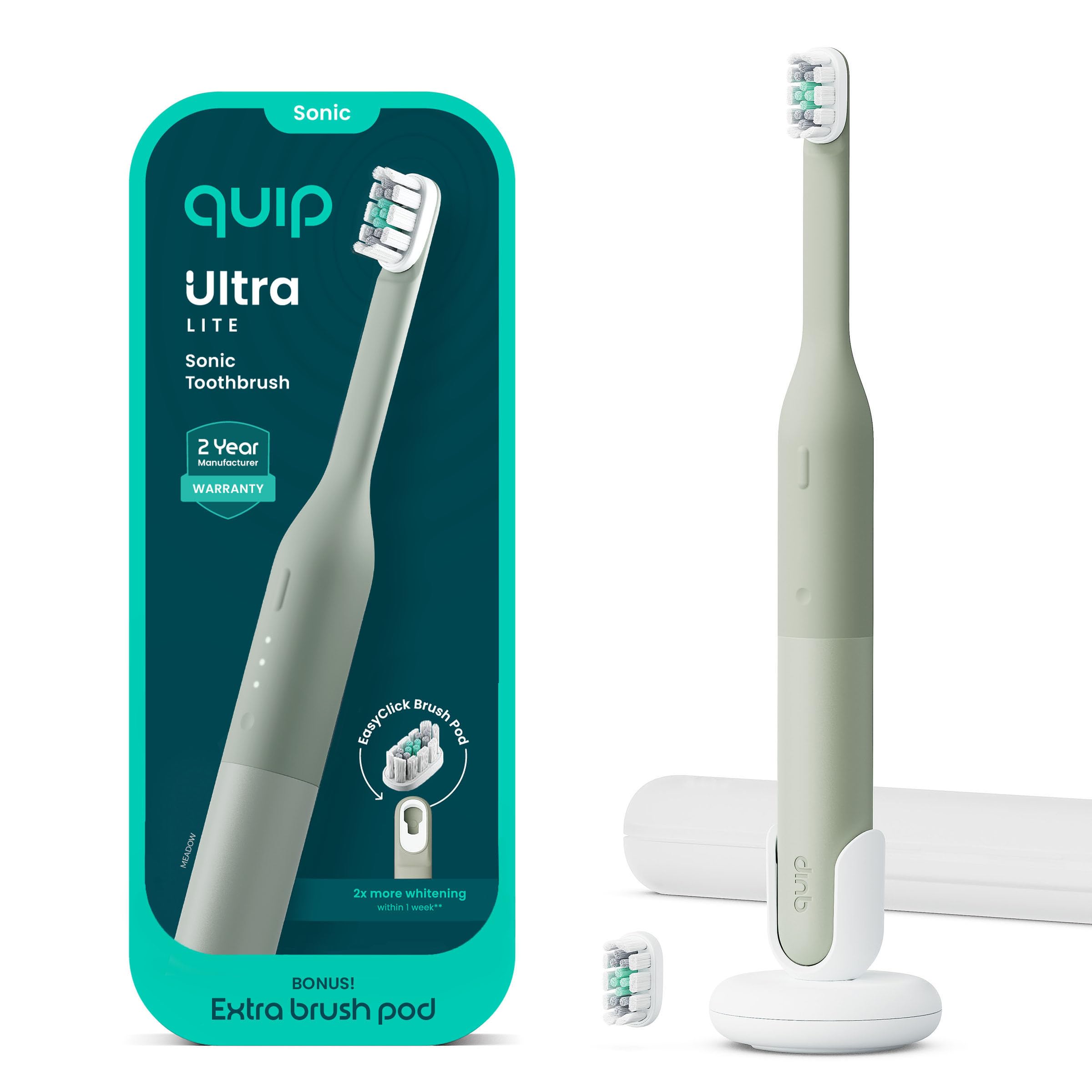 Quip Spazzolino elettrico sonico ultra lite, design sottile e leggero, 3 modalità di spazzolatura, rimozione della placca 15 volte, sensore di pressione e batteria da 30 giorni, prato