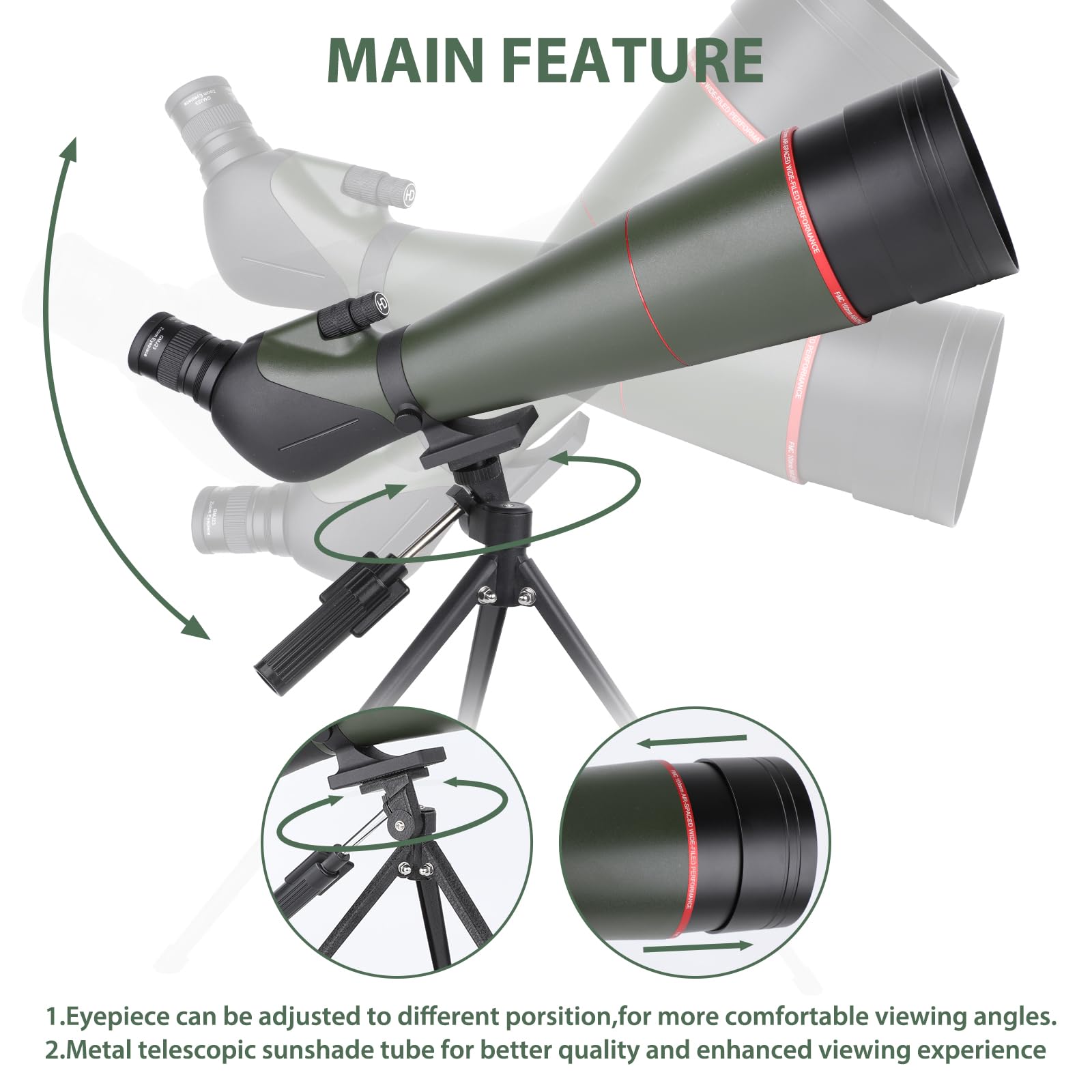 25-75 x 100 HD strzelanka sportowa z adapterem statywu i smartfona, Zoom Bak4 Prism FMC Lens 45-stopniowy teleskop do obserwacji ptaków, dzikiej przyrody, polowania, obserwacji dzikich zwierząt (100 g