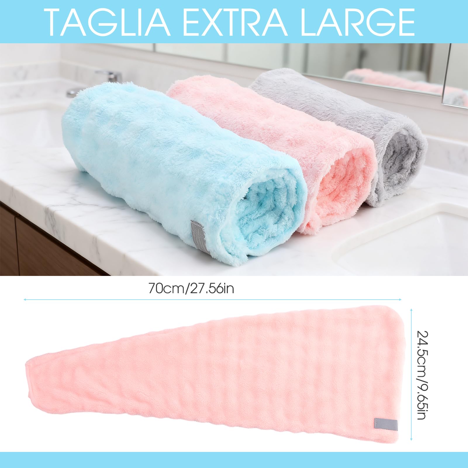 Asciugamani per Capelli a Turbante 3 Pezzi Turbante Asciugacapelli Forte assorbimento d'acqua Asciugamano Capelli Turbante in Microfibra Asciugamano per Capelli per Capelli Ricci Lisci
