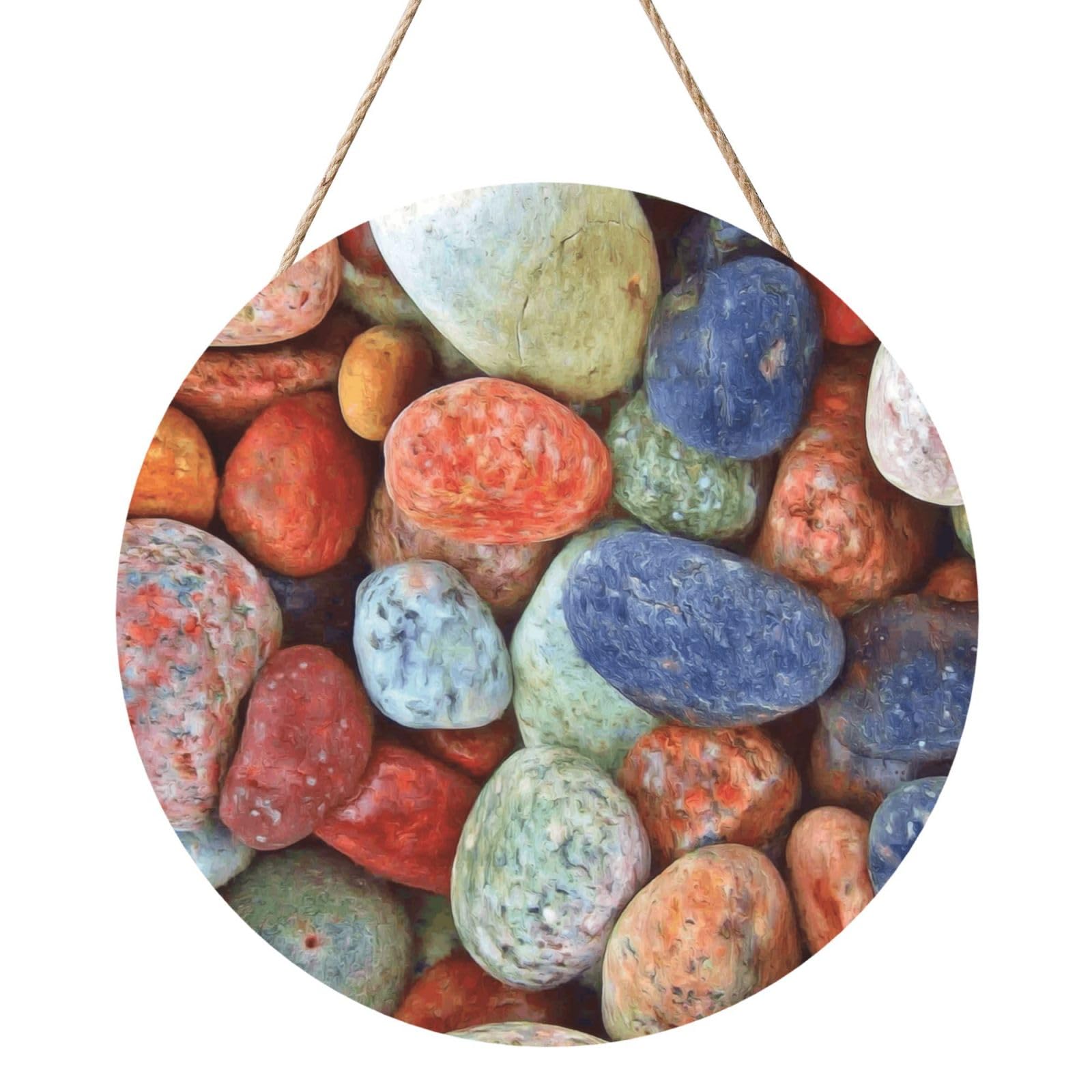 InOmak Colored Stones Printed, Round Wood Panel Painting 12 in, Wall Hanging Painting For Home