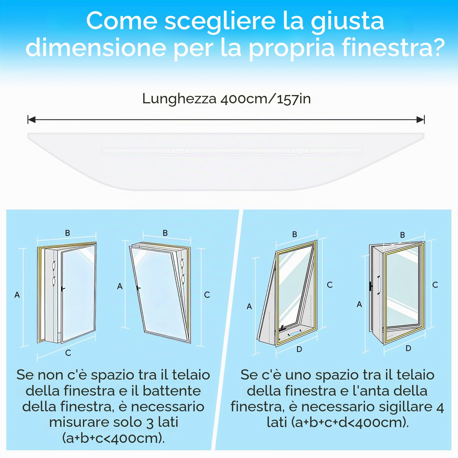 Guarnizione Finestra Condizionatore 400 cm per Condizionatori Mobili, Guarnizione Condizionatore Portatile, Kit Finestra Condizionatore Portatile per Climatizzatori, Asciugatrici